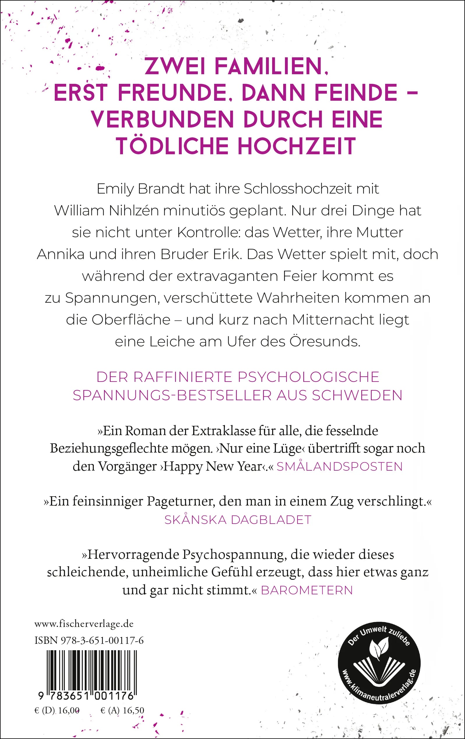 Buchrückseite von 'Nur eine Lüge – Zwei Familien, eine tödliche Verbindung' mit Klappentext - Paperback