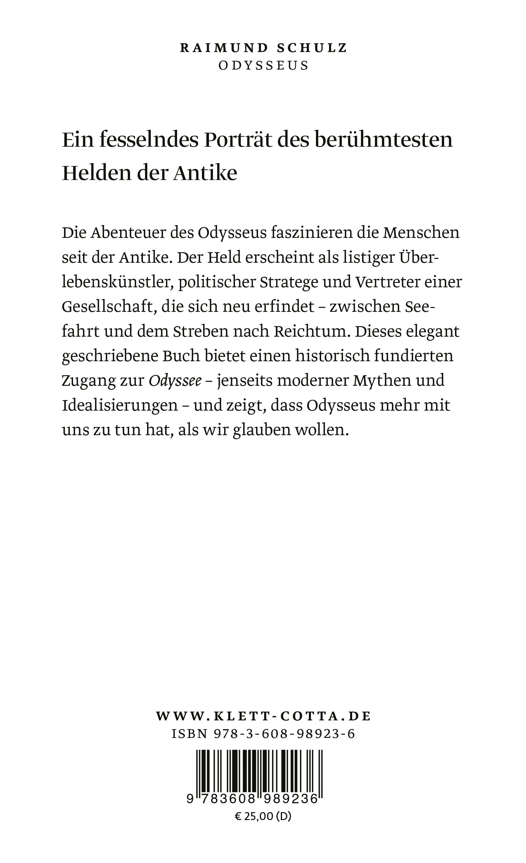 Buchrückseite von 'Odysseus' mit Klappentext - Gebundene Ausgabe