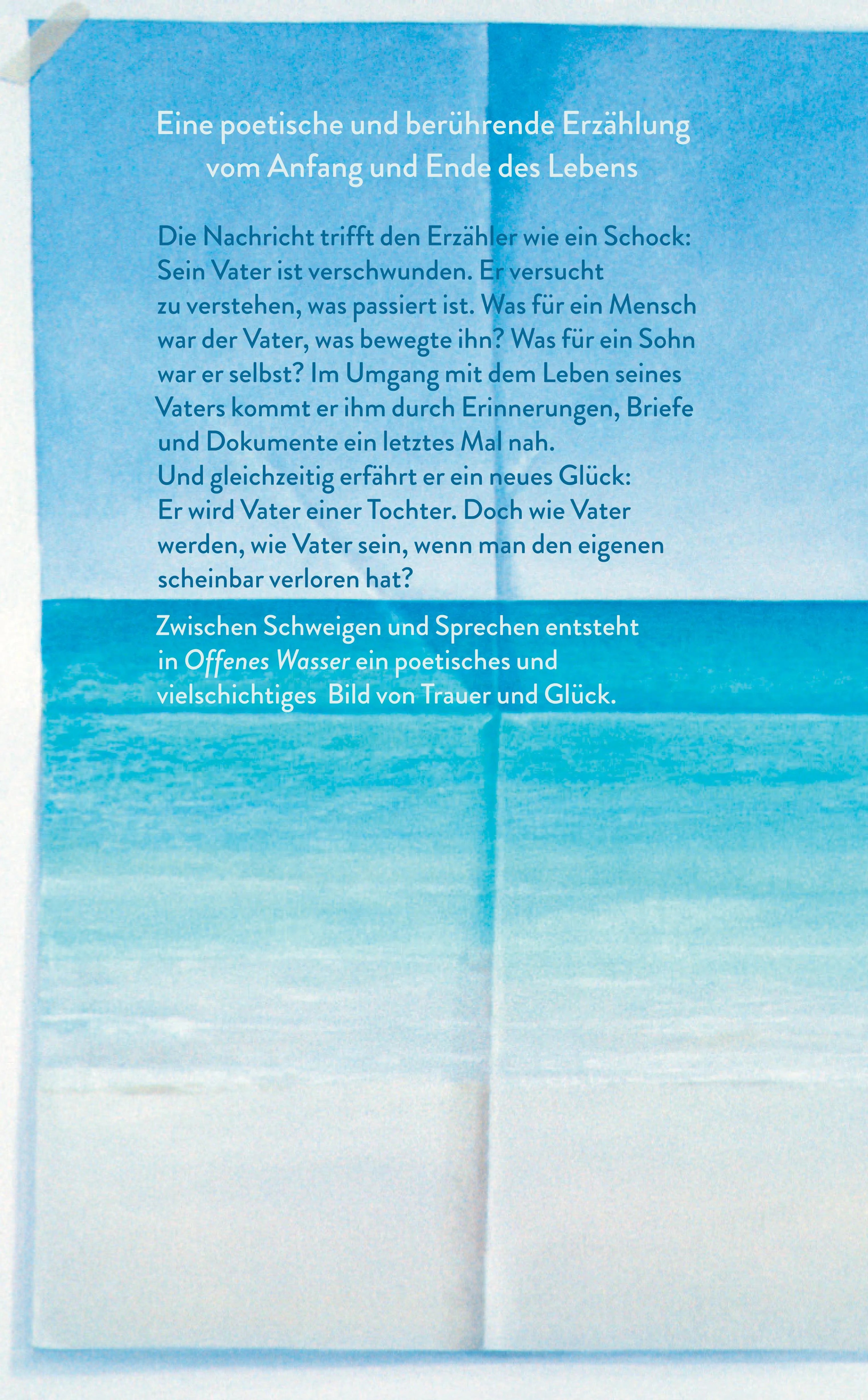 Buchrückseite von 'Offenes Wasser' mit Klappentext - Gebundene Ausgabe