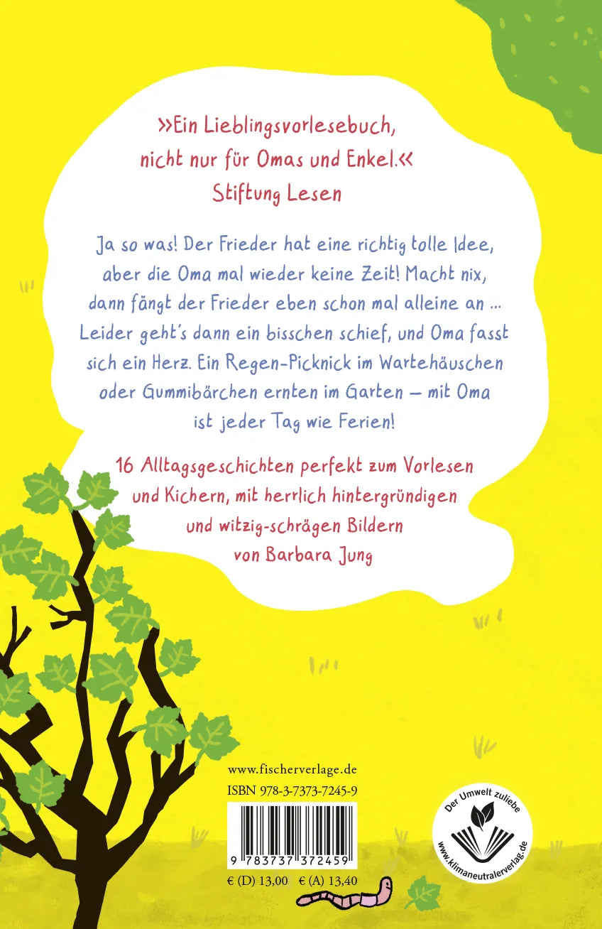 Buchrückseite von '»Oma!«, schreit der Frieder' mit Klappentext - Gebundene Ausgabe