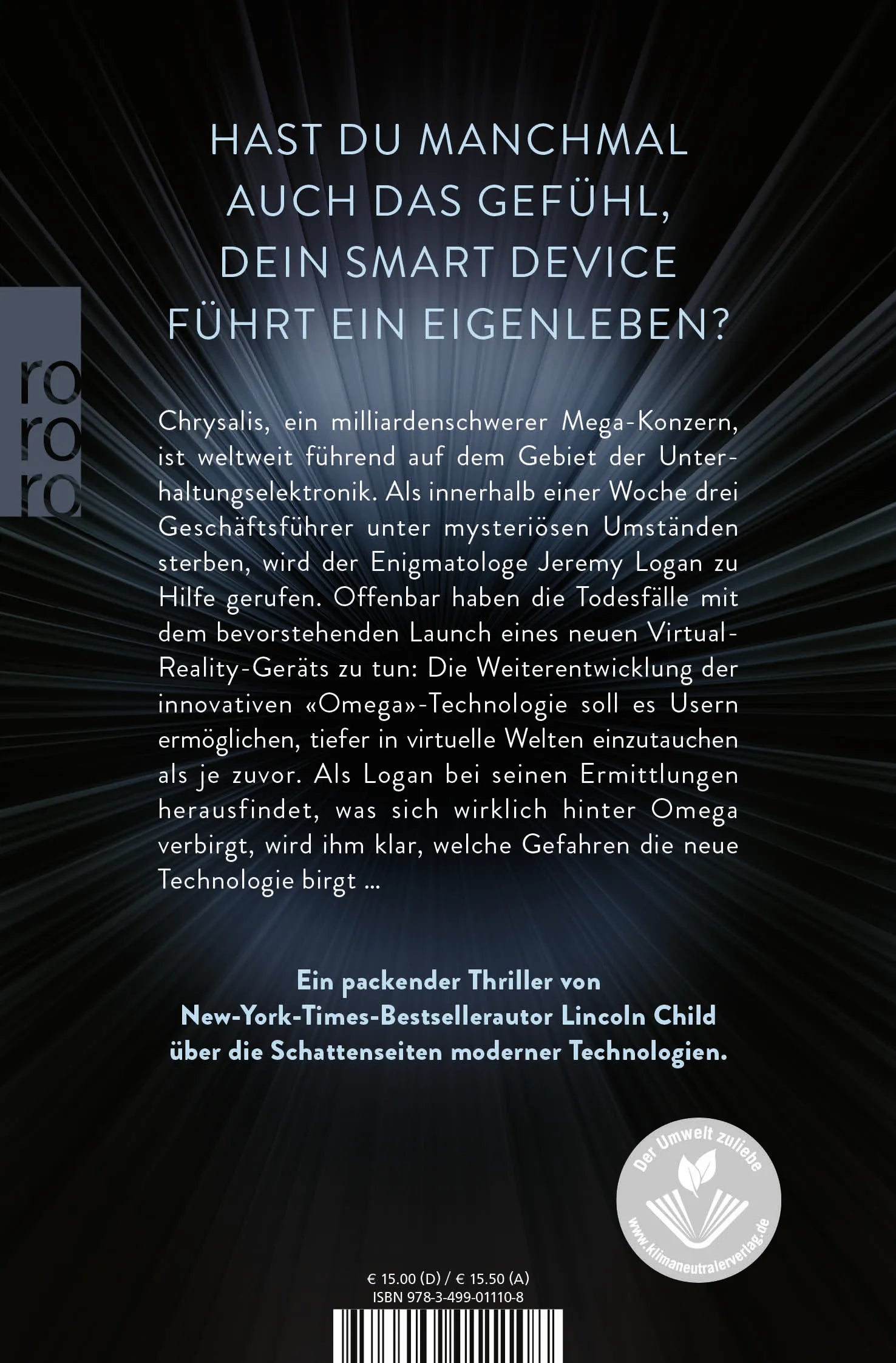 Buchrückseite von 'Omega' mit Klappentext - Taschenbuch