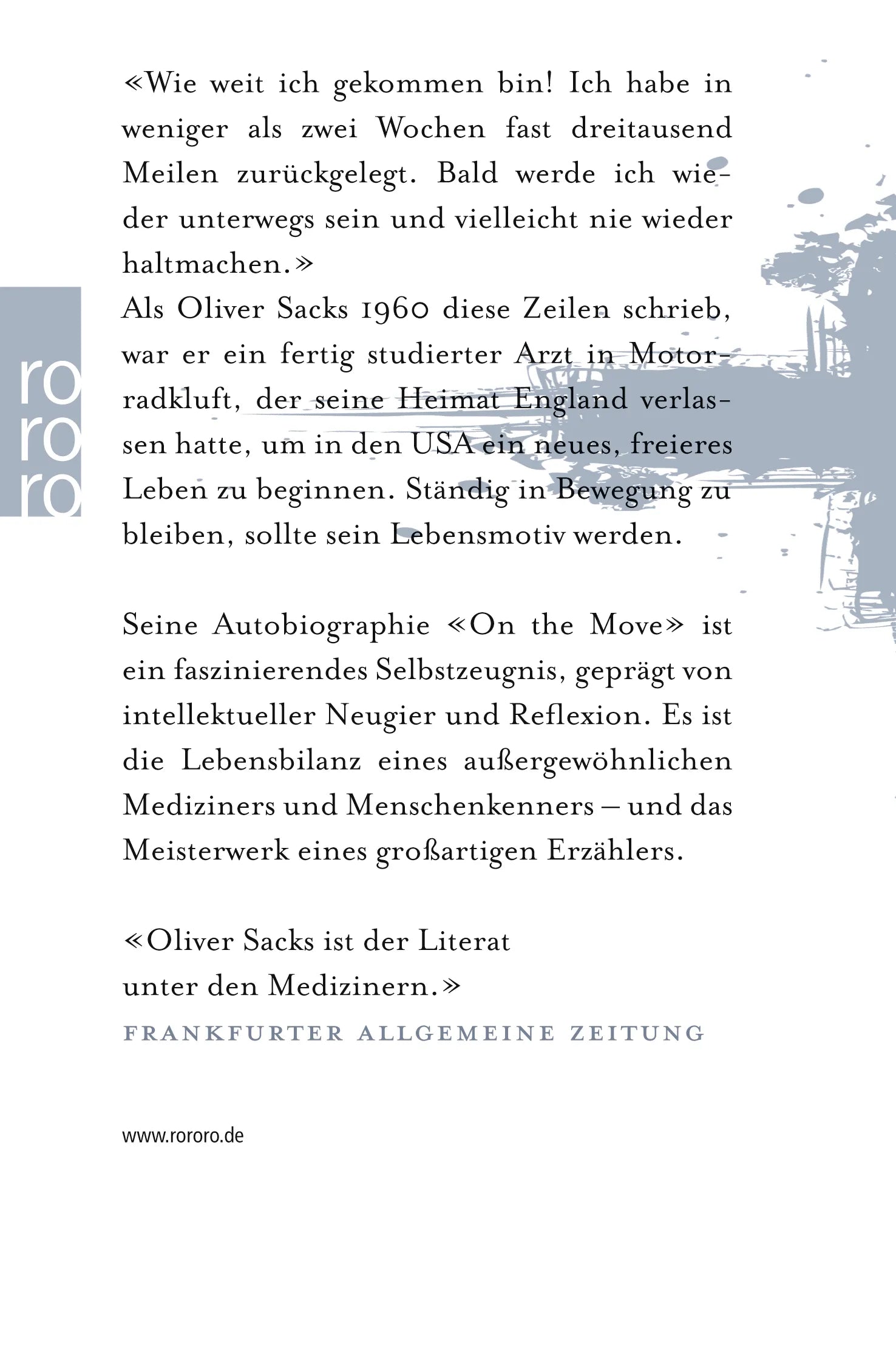 Buchrückseite von 'On the Move' mit Klappentext - Taschenbuch
