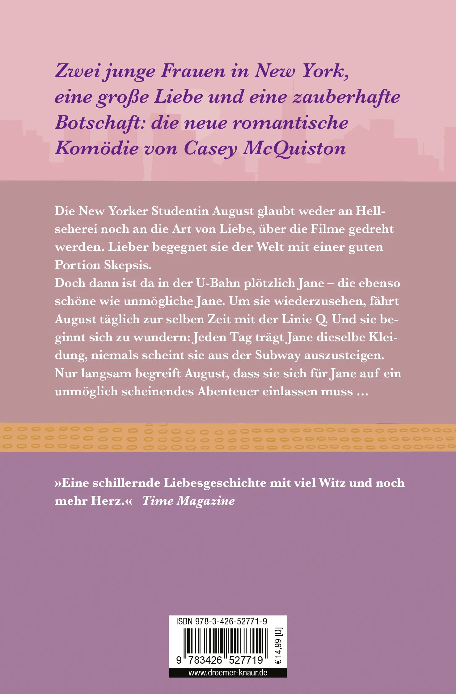 Buchrückseite von 'One Last Stop' mit Klappentext - Taschenbuch
