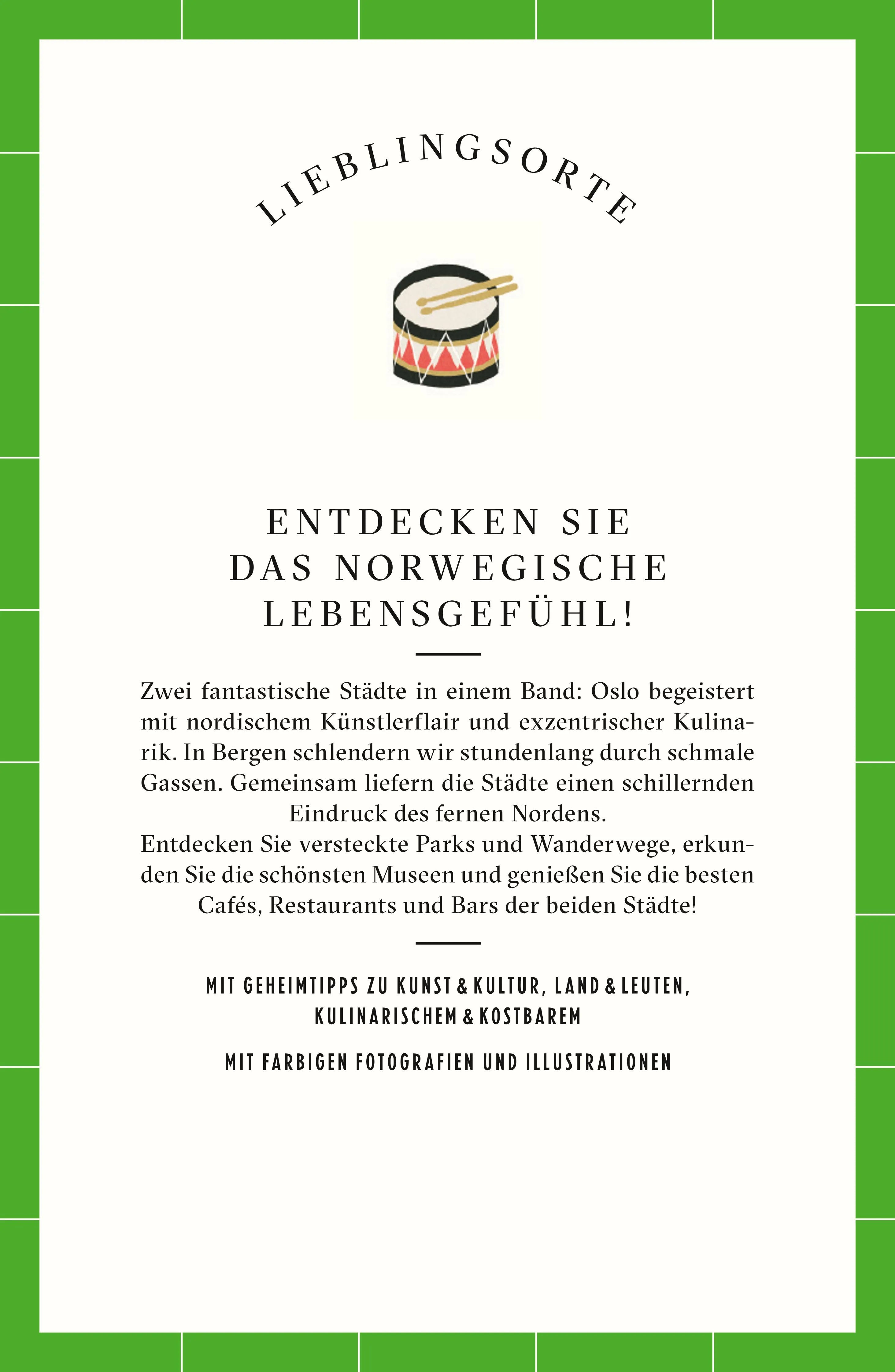 Buchrückseite von 'Oslo & Bergen Reiseführer LIEBLINGSORTE' mit Klappentext - Paperback