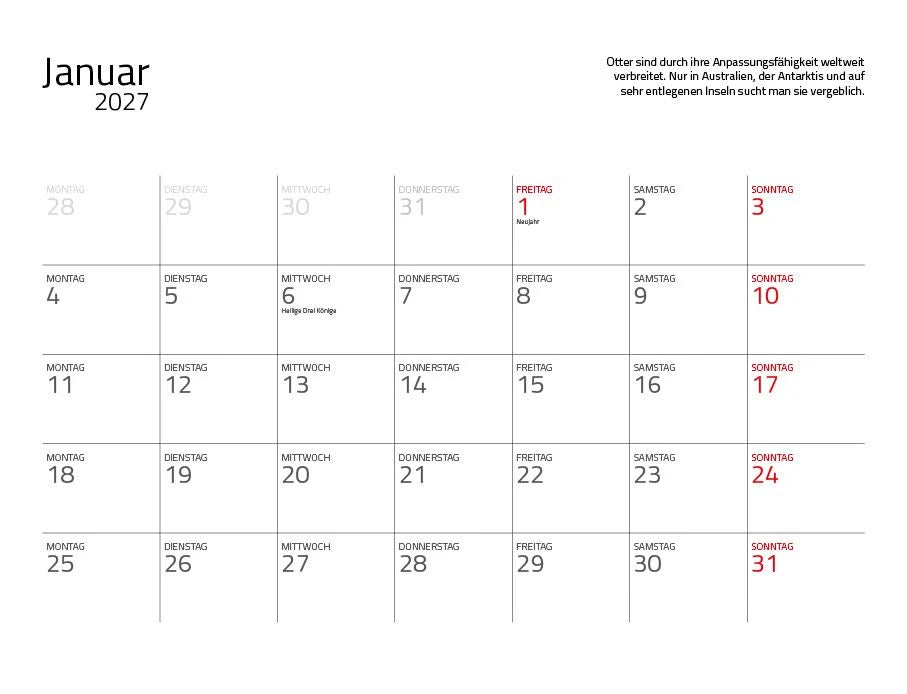 Otter Kalender 2027 Wandkalender Eintragkalender – Ansicht