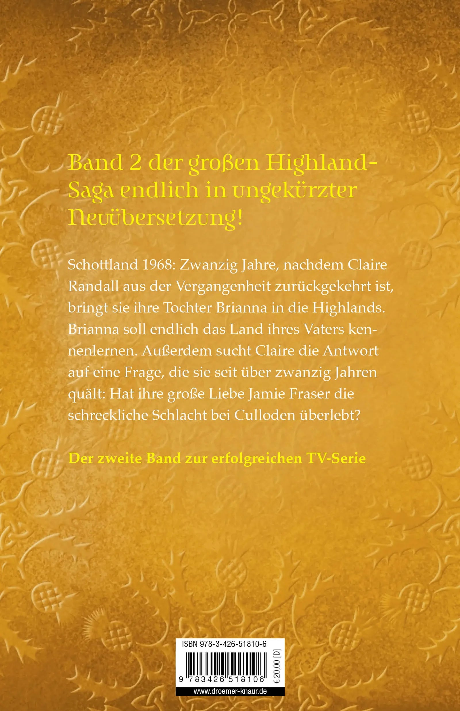 Buchrückseite von 'Outlander – Die geliehene Zeit' mit Klappentext - Paperback