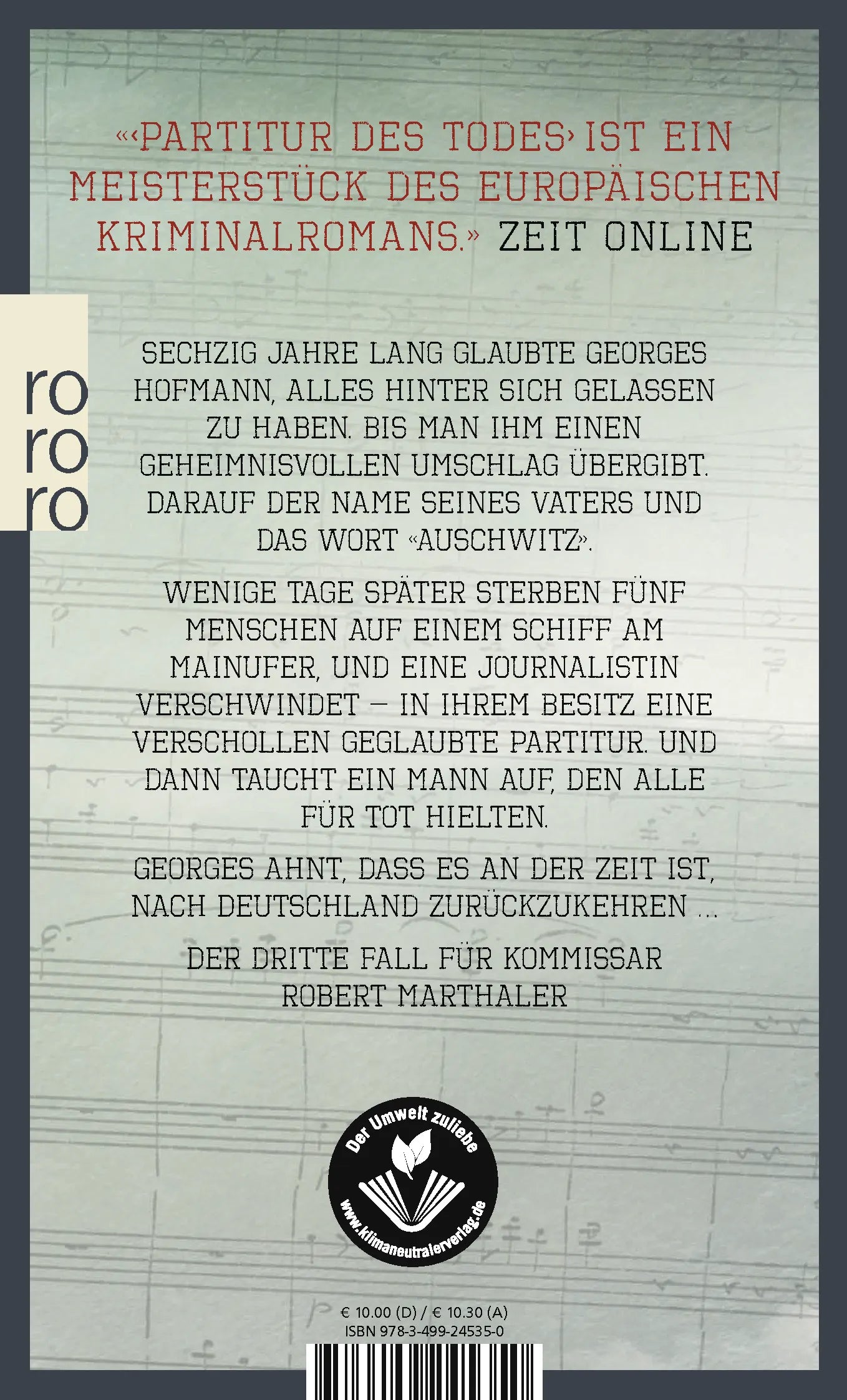Buchrückseite von 'Partitur des Todes' mit Klappentext - Taschenbuch