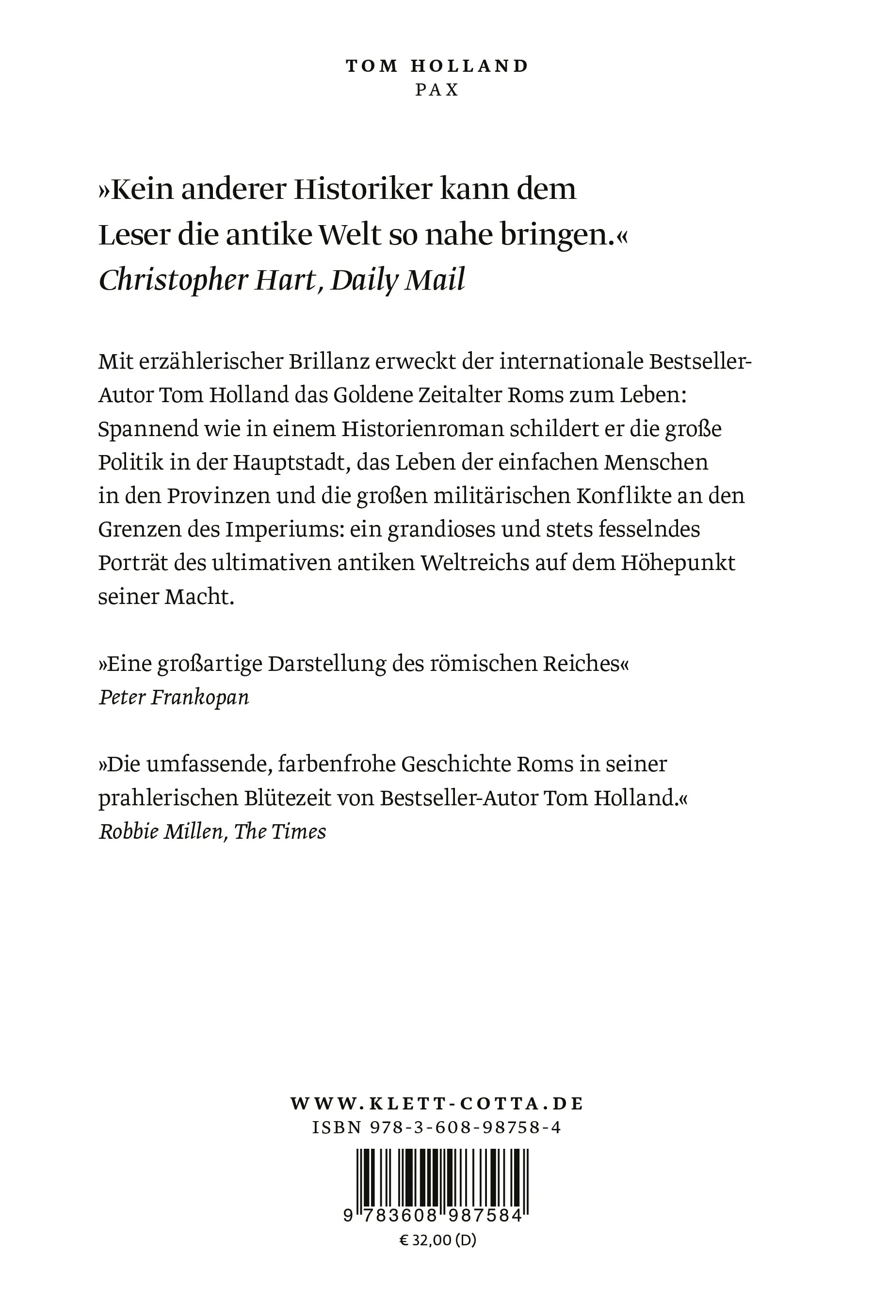Buchrückseite von 'Pax' mit Klappentext - Gebundene Ausgabe