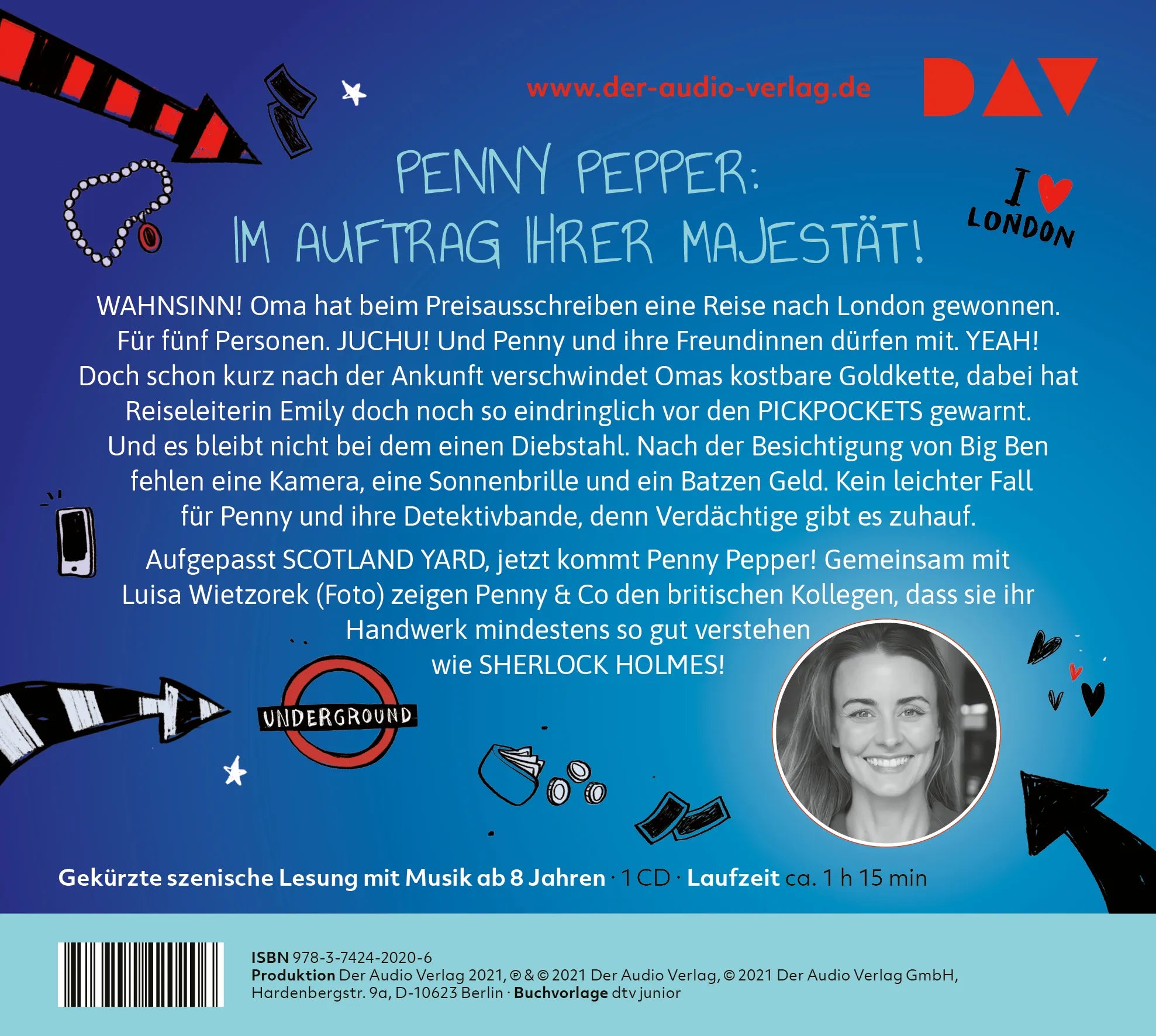 Buchrückseite von 'Penny Pepper – Teil 7: Diebesjagd in London' mit Klappentext - Hörbuch (CD)