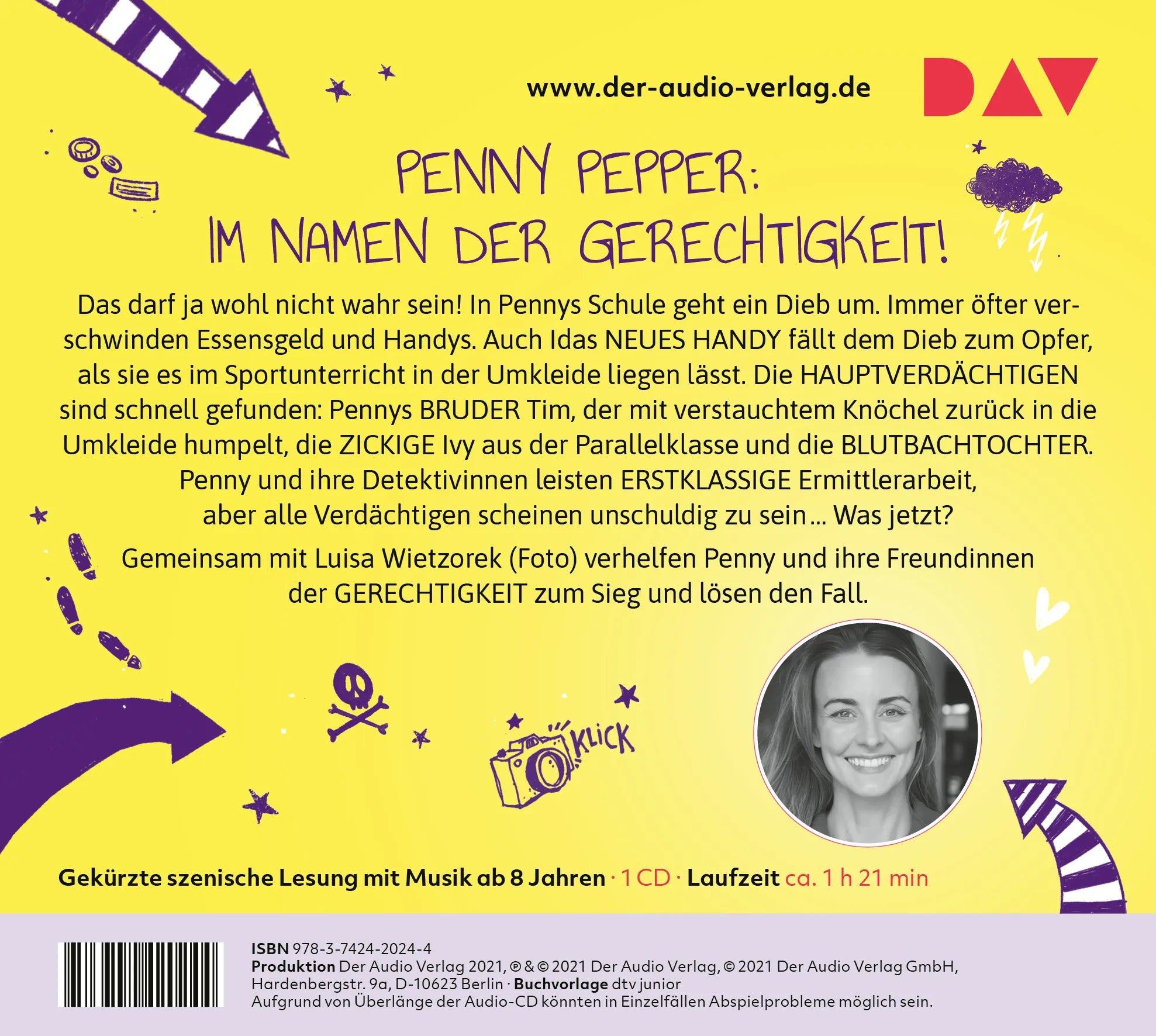 Buchrückseite von 'Penny Pepper – Teil 8: Schurken auf dem Schulhof' mit Klappentext - Hörbuch (CD)