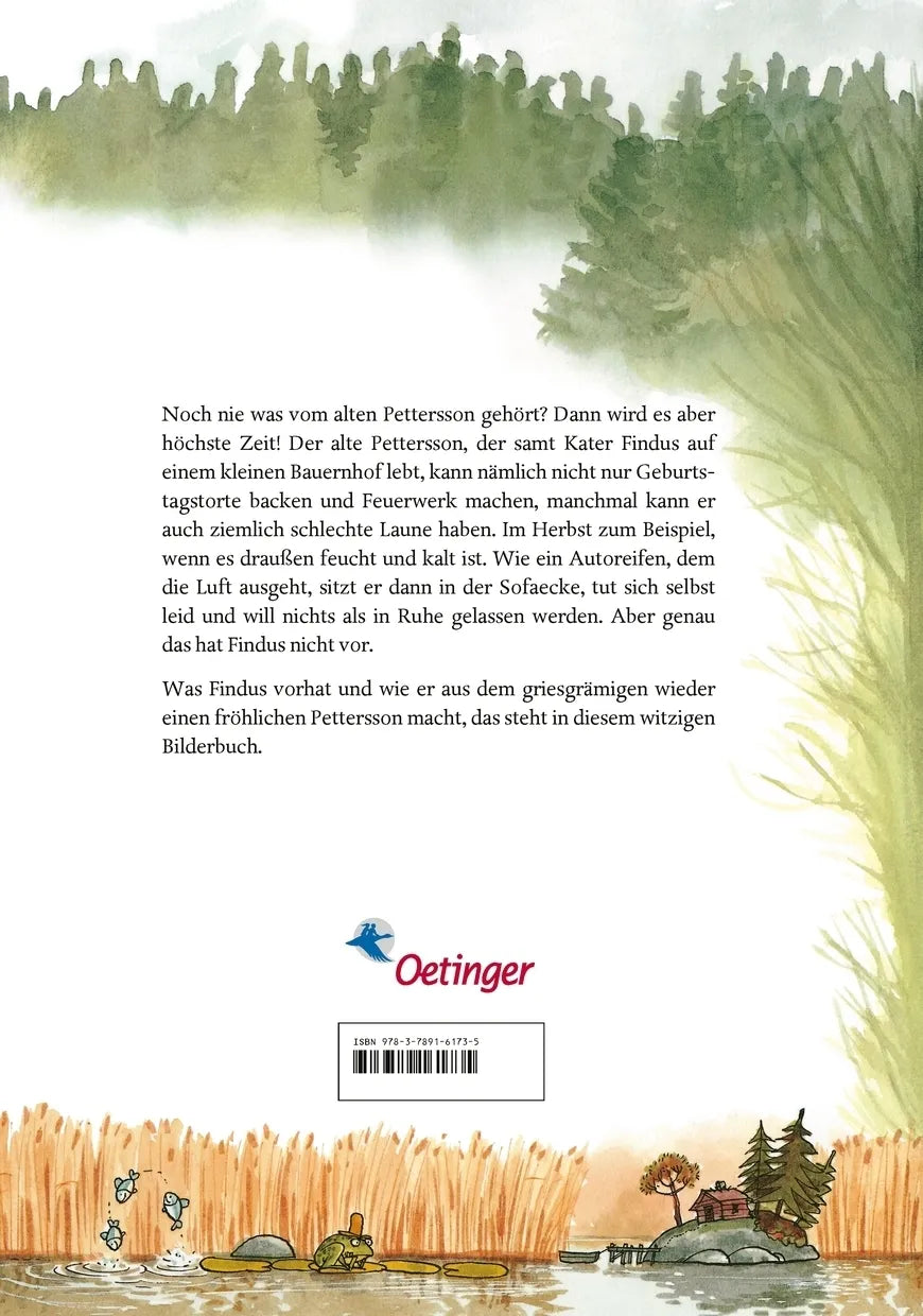 Buchrückseite von 'Pettersson und Findus. Armer Pettersson' mit Klappentext - Gebundene Ausgabe