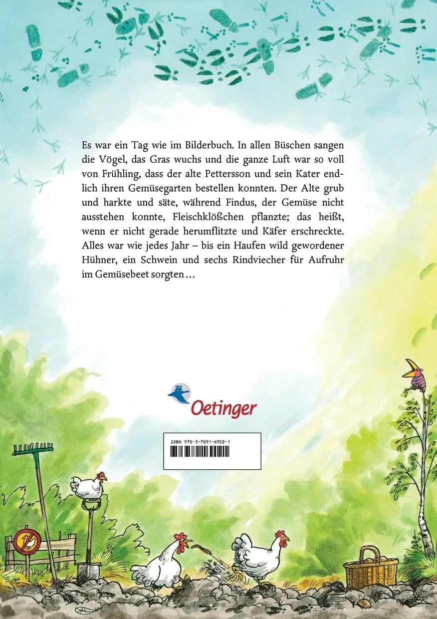 Buchrückseite von 'Pettersson und Findus. Aufruhr im Gemüsebeet' mit Klappentext - Gebundene Ausgabe