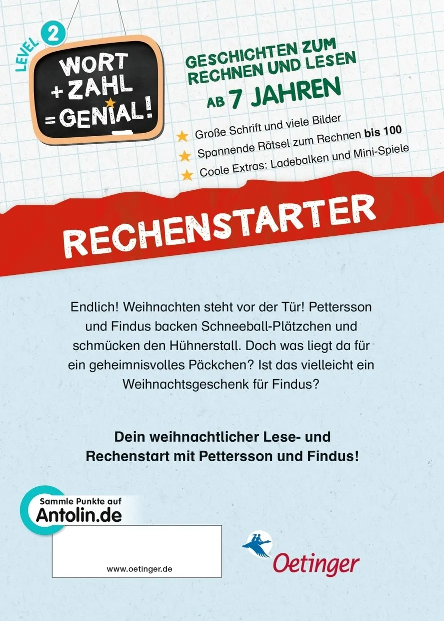 Buchrückseite von 'Pettersson und Findus. Findus feiert Weihnachten' mit Klappentext - Gebundene Ausgabe