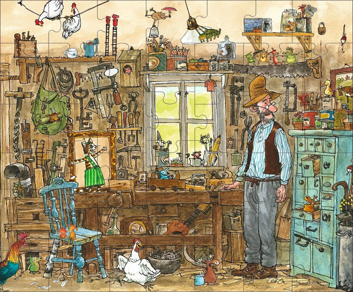 Pettersson und Findus. Riesen-Puzzle. Petterssons Tischlerschuppen. 42 Teile, Gesamtgröße 104 x 86 cm – Ansicht