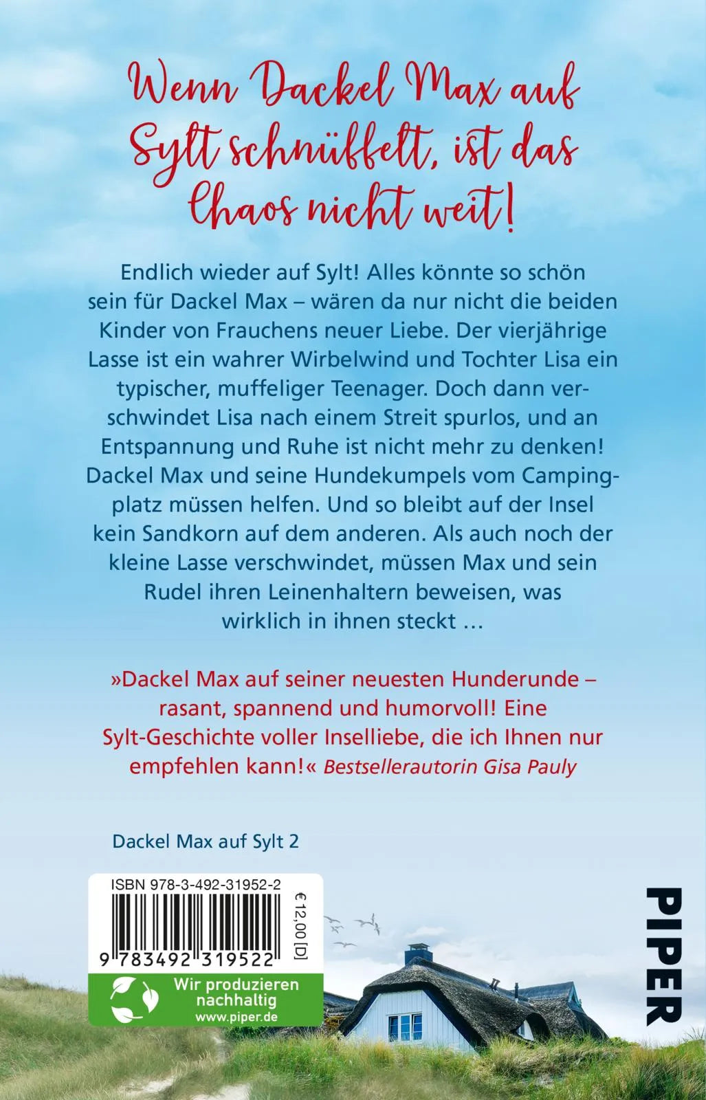 Buchrückseite von 'Pfotenglück – Dackel Max auf Spurensuche' mit Klappentext - Taschenbuch