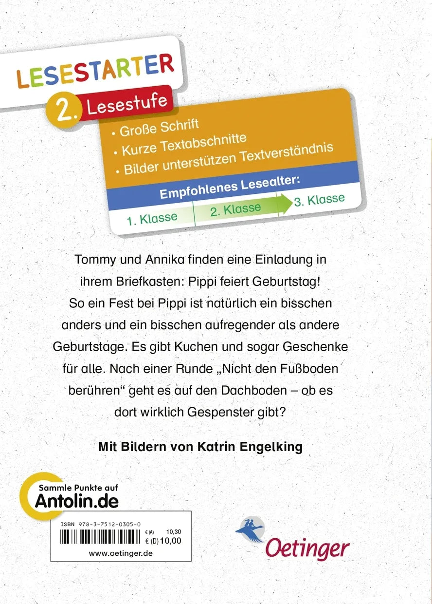 Buchrückseite von 'Pippi feiert Geburtstag' mit Klappentext - Gebundene Ausgabe