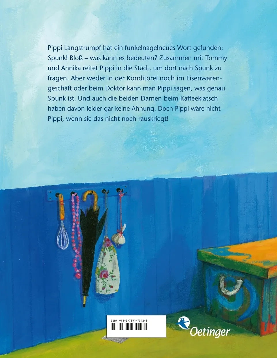 Buchrückseite von 'Pippi findet einen Spunk' mit Klappentext - Gebundene Ausgabe