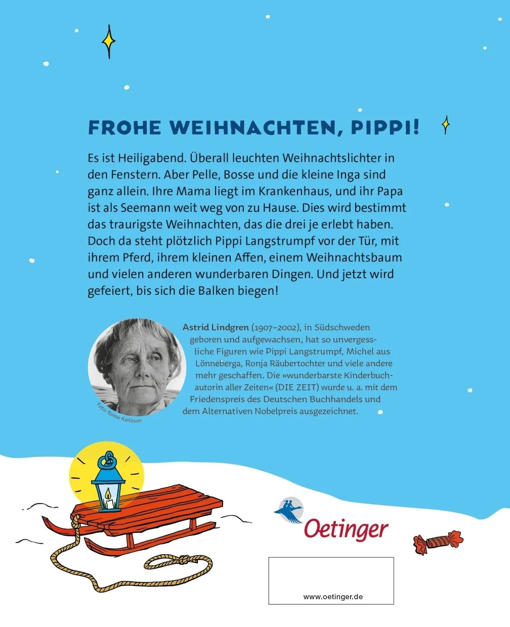 Buchrückseite von 'Pippi Langstrumpf feiert Weihnachten' mit Klappentext - Gebundene Ausgabe