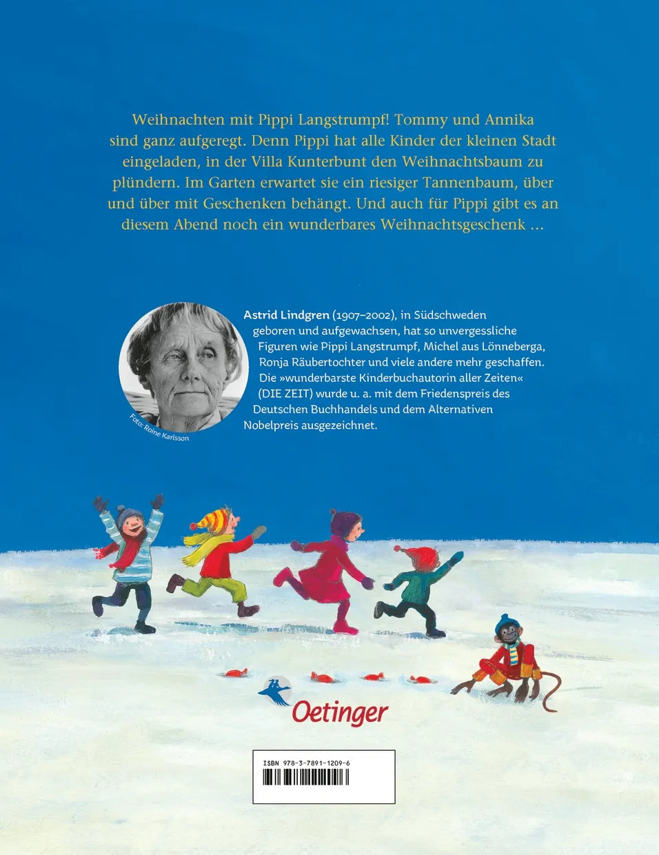 Buchrückseite von 'Pippi plündert den Weihnachtsbaum' mit Klappentext - Gebundene Ausgabe