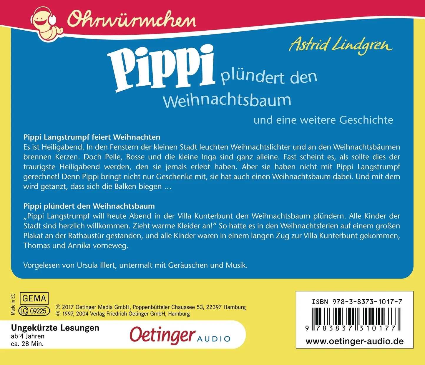 Buchrückseite von 'Pippi plündert den Weihnachtsbaum und eine weitere Geschichte' mit Klappentext - Hörbuch (CD)