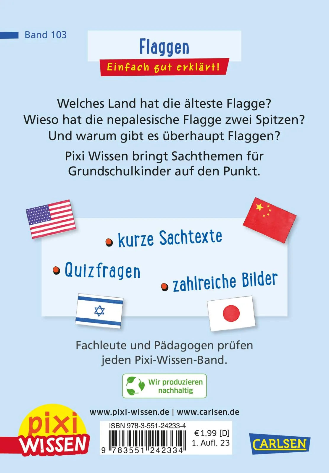 Buchrückseite von 'Pixi Wissen 103: Flaggen' mit Klappentext - Taschenbuch