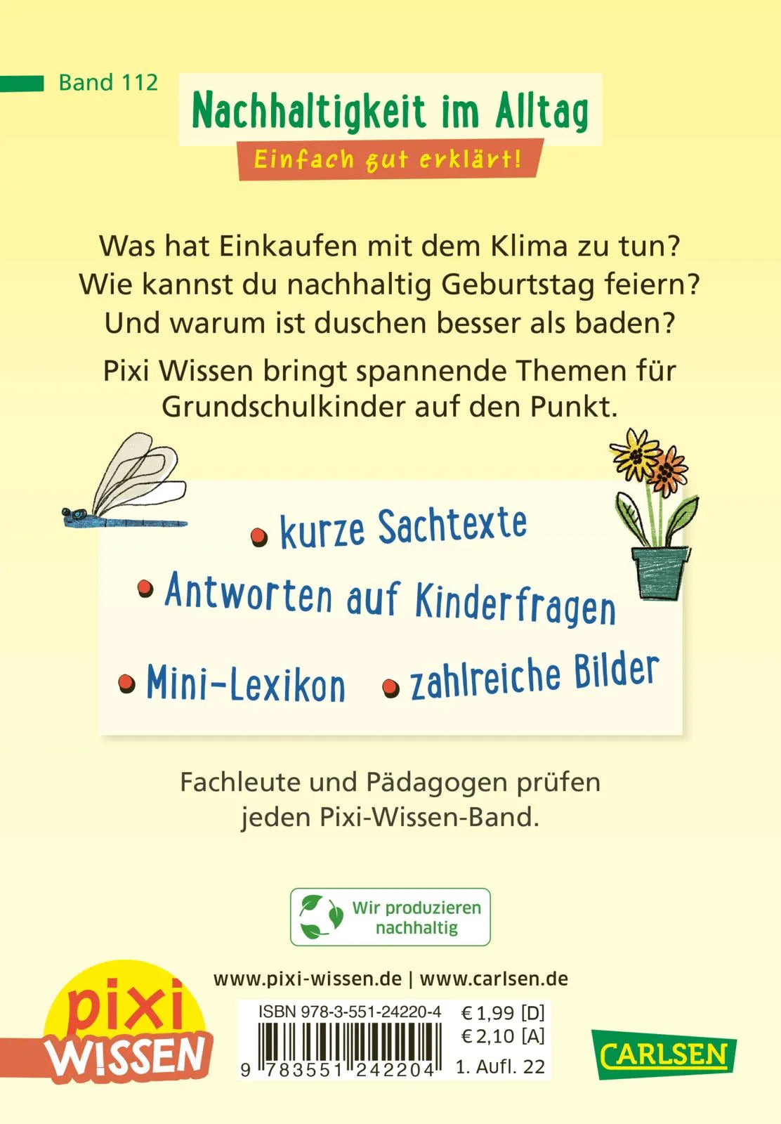 Buchrückseite von 'Pixi Wissen 112: Nachhaltigkeit im Alltag' mit Klappentext - Taschenbuch