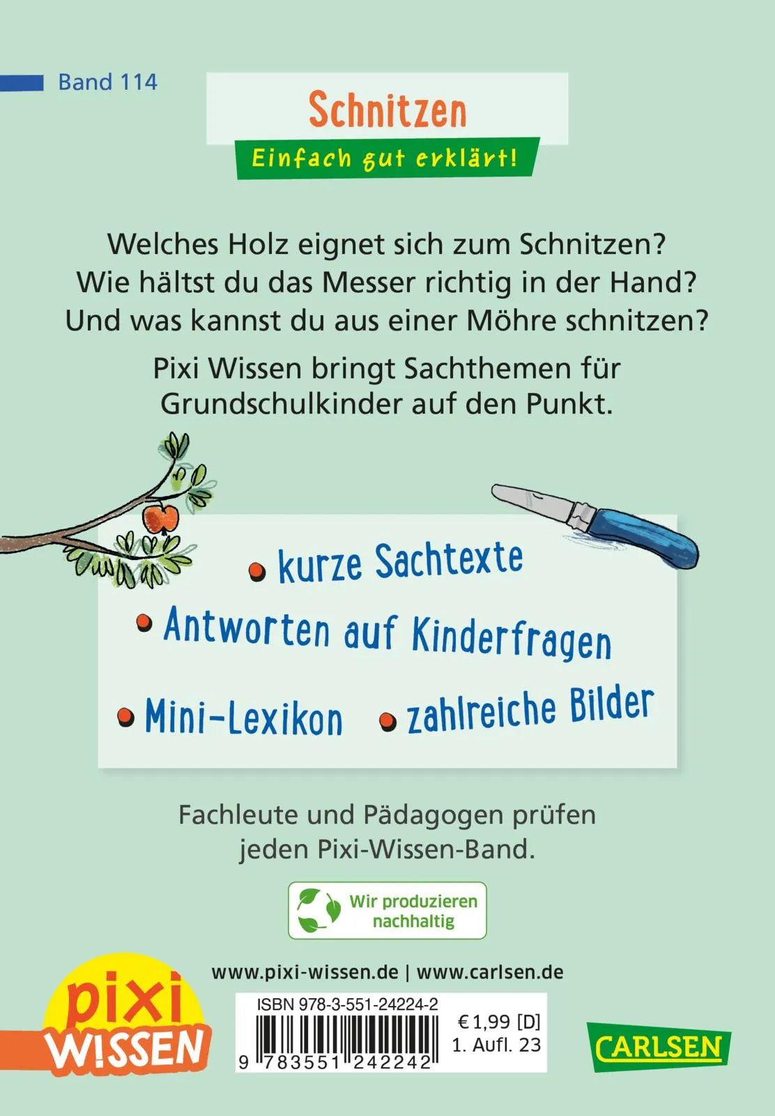 Buchrückseite von 'Pixi Wissen 114: Schnitzen' mit Klappentext - Taschenbuch
