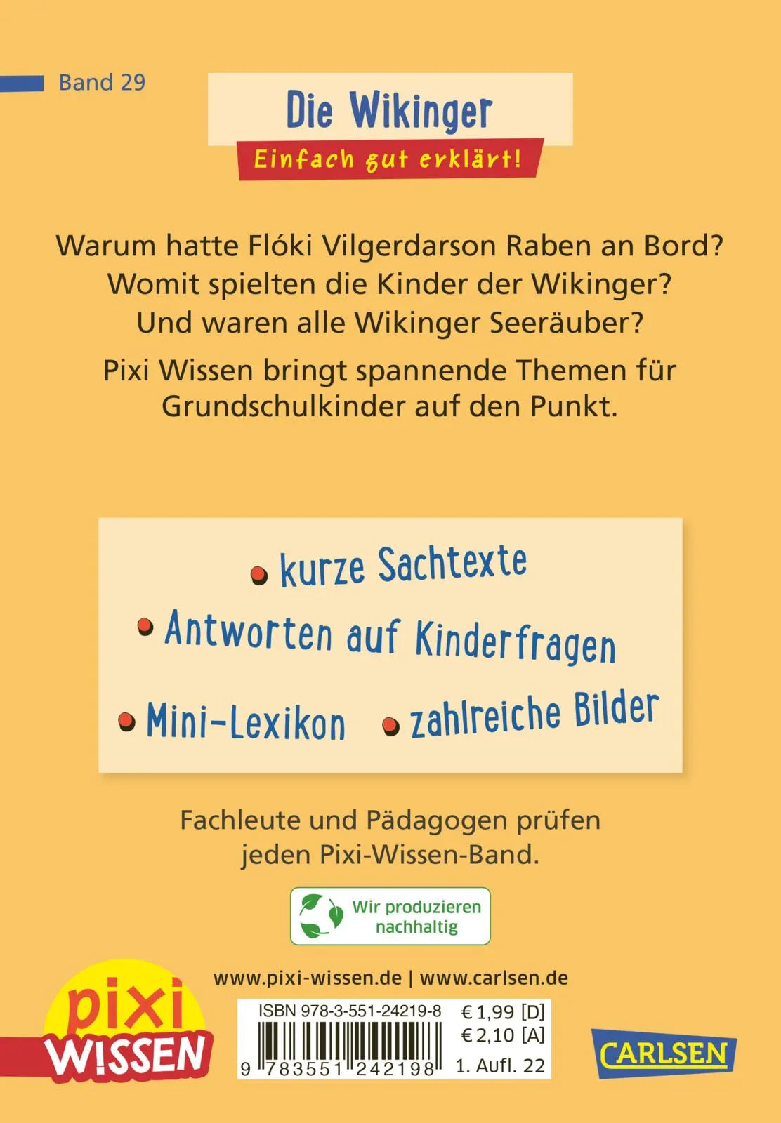 Buchrückseite von 'Pixi Wissen 29: Die Wikinger' mit Klappentext - Taschenbuch