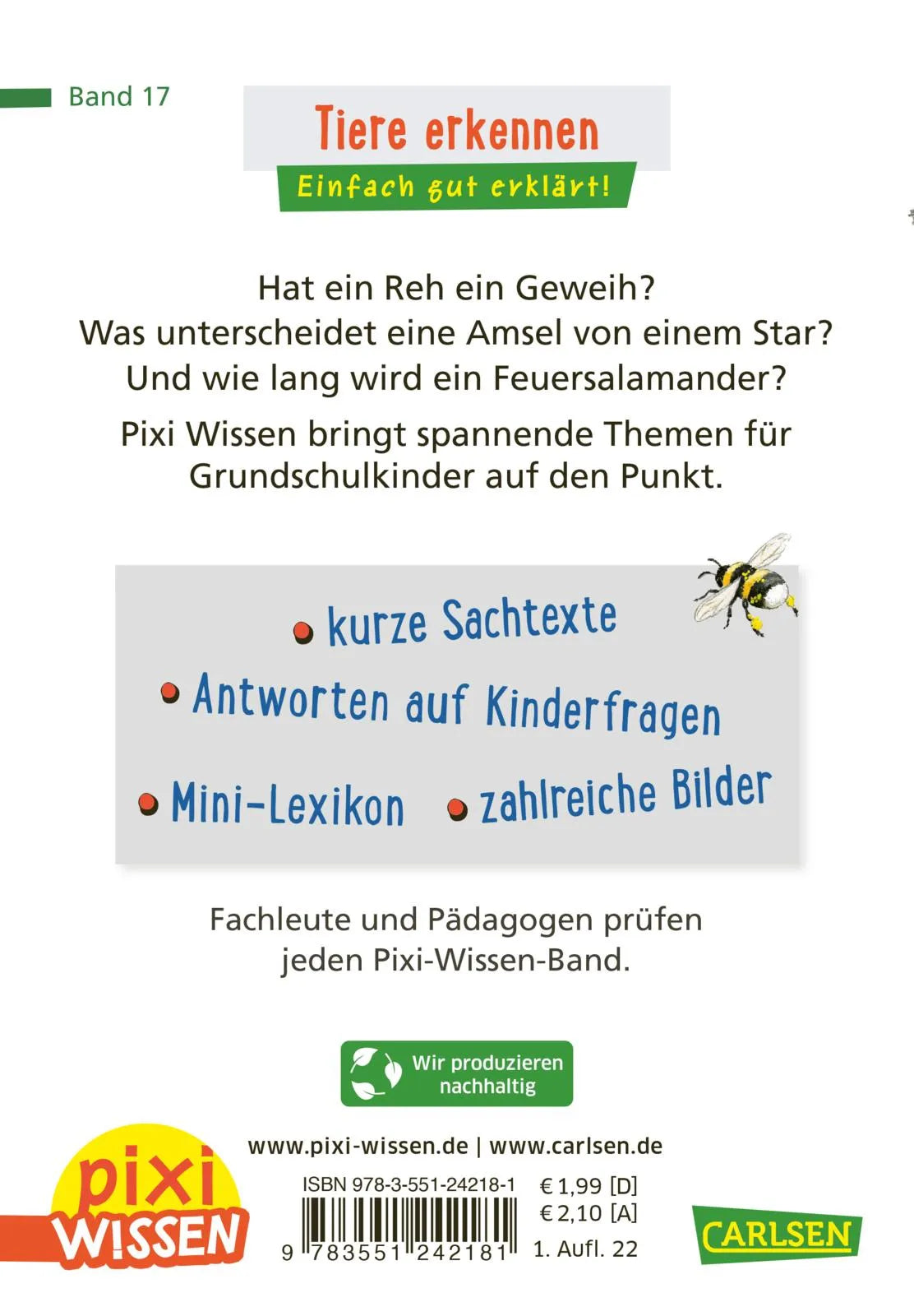 Buchrückseite von 'Pixi Wissen 30: Tiere erkennen' mit Klappentext - Taschenbuch