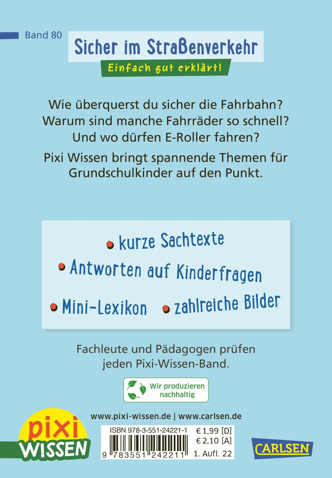 Buchrückseite von 'Pixi Wissen 80: Sicher im Straßenverkehr' mit Klappentext - Taschenbuch