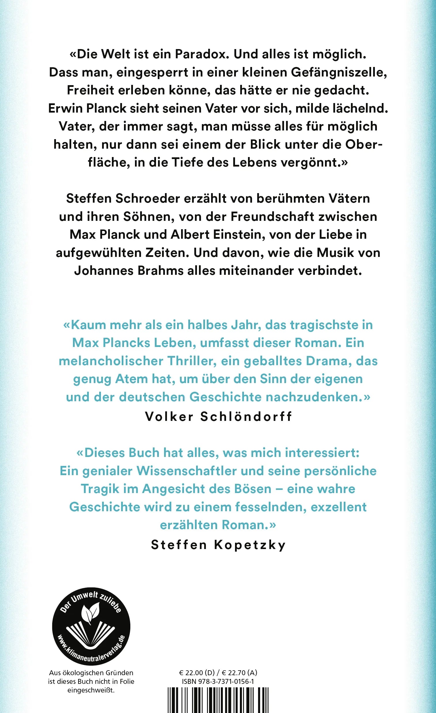 Buchrückseite von 'Planck oder Als das Licht seine Leichtigkeit verlor' mit Klappentext - Gebundene Ausgabe