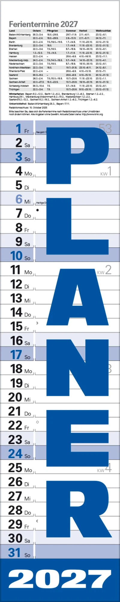 Wandkalender: Planer Blau 2027