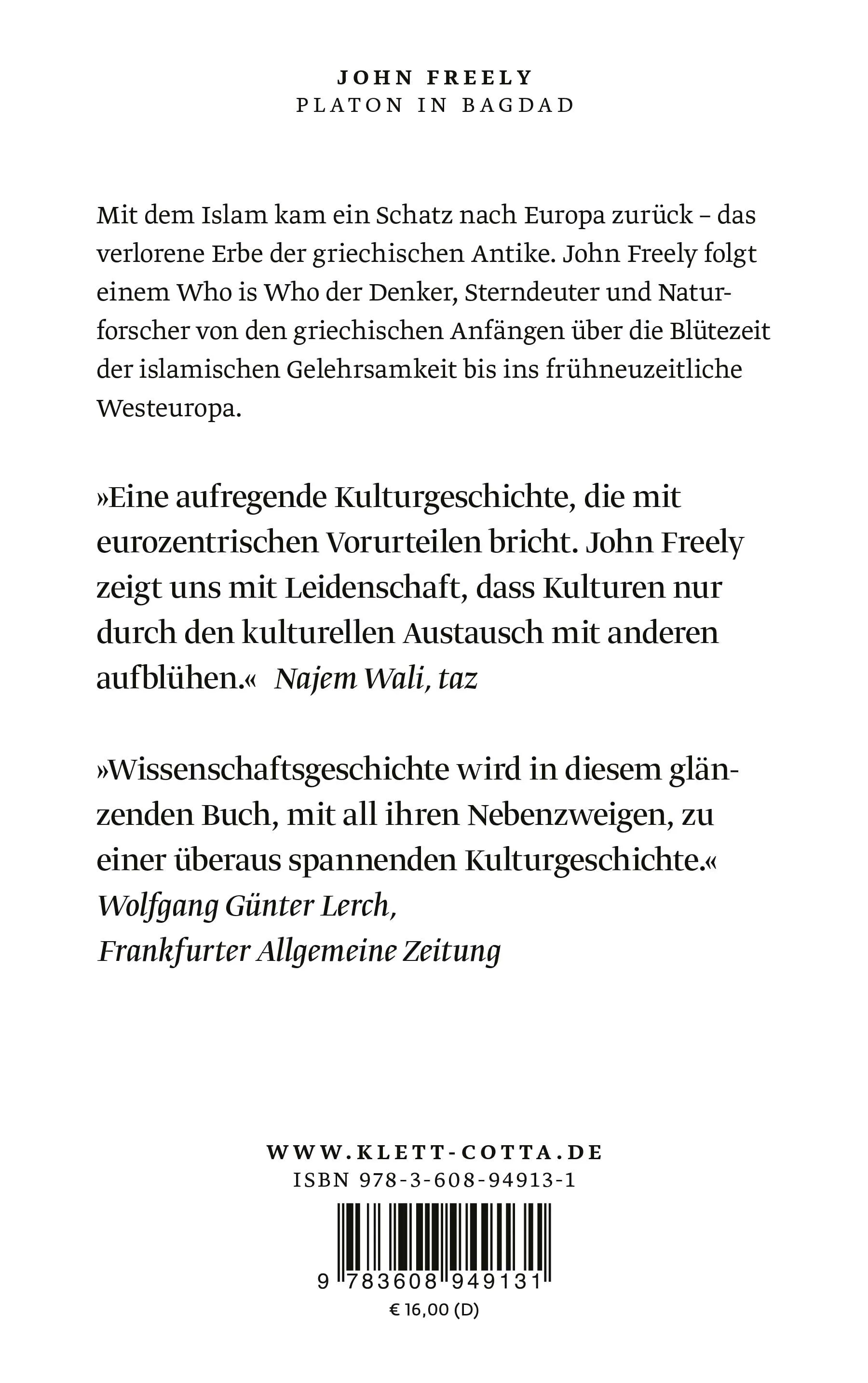 Buchrückseite von 'Platon in Bagdad' mit Klappentext - Taschenbuch