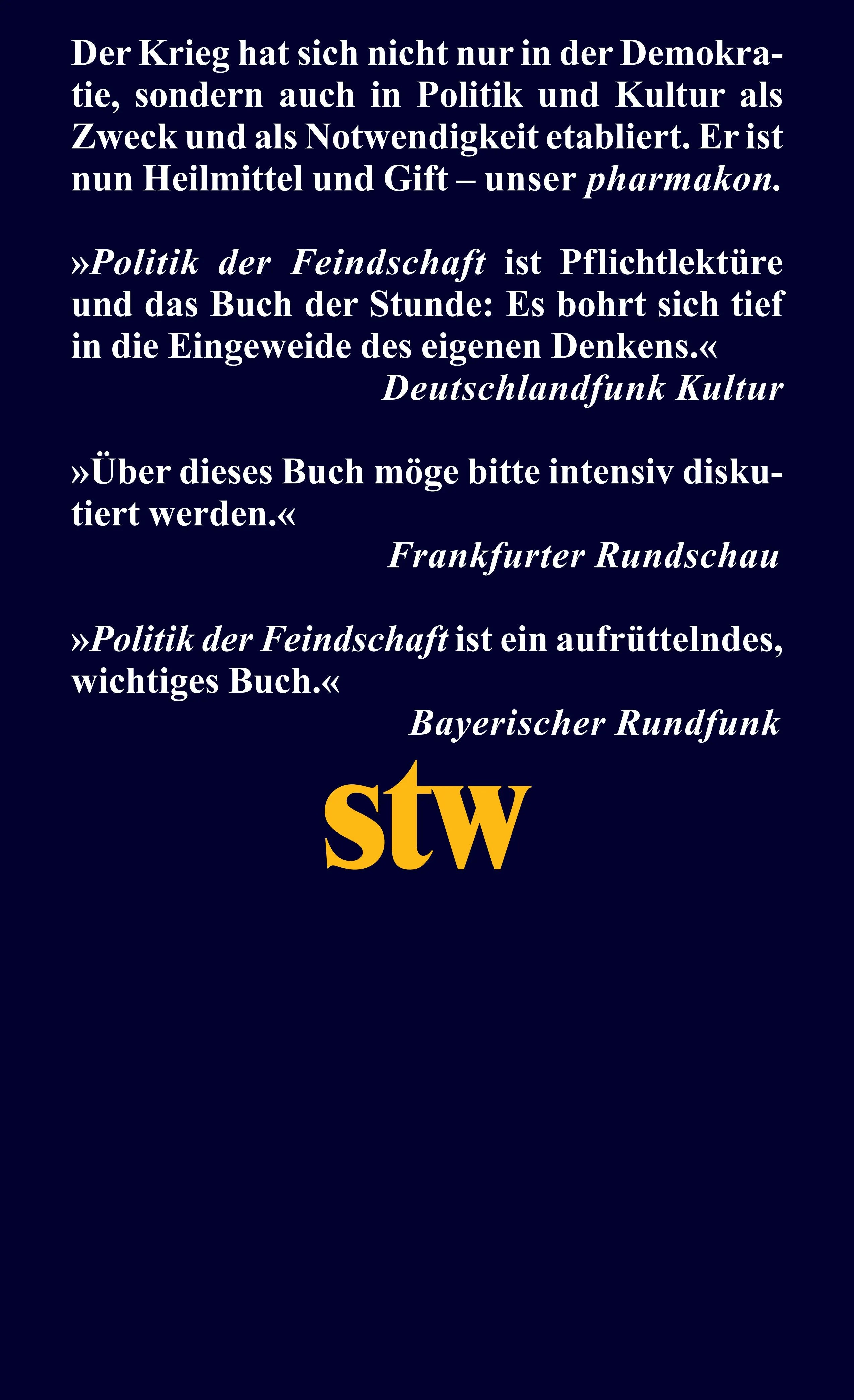 Buchrückseite von 'Politik der Feindschaft' mit Klappentext - Taschenbuch