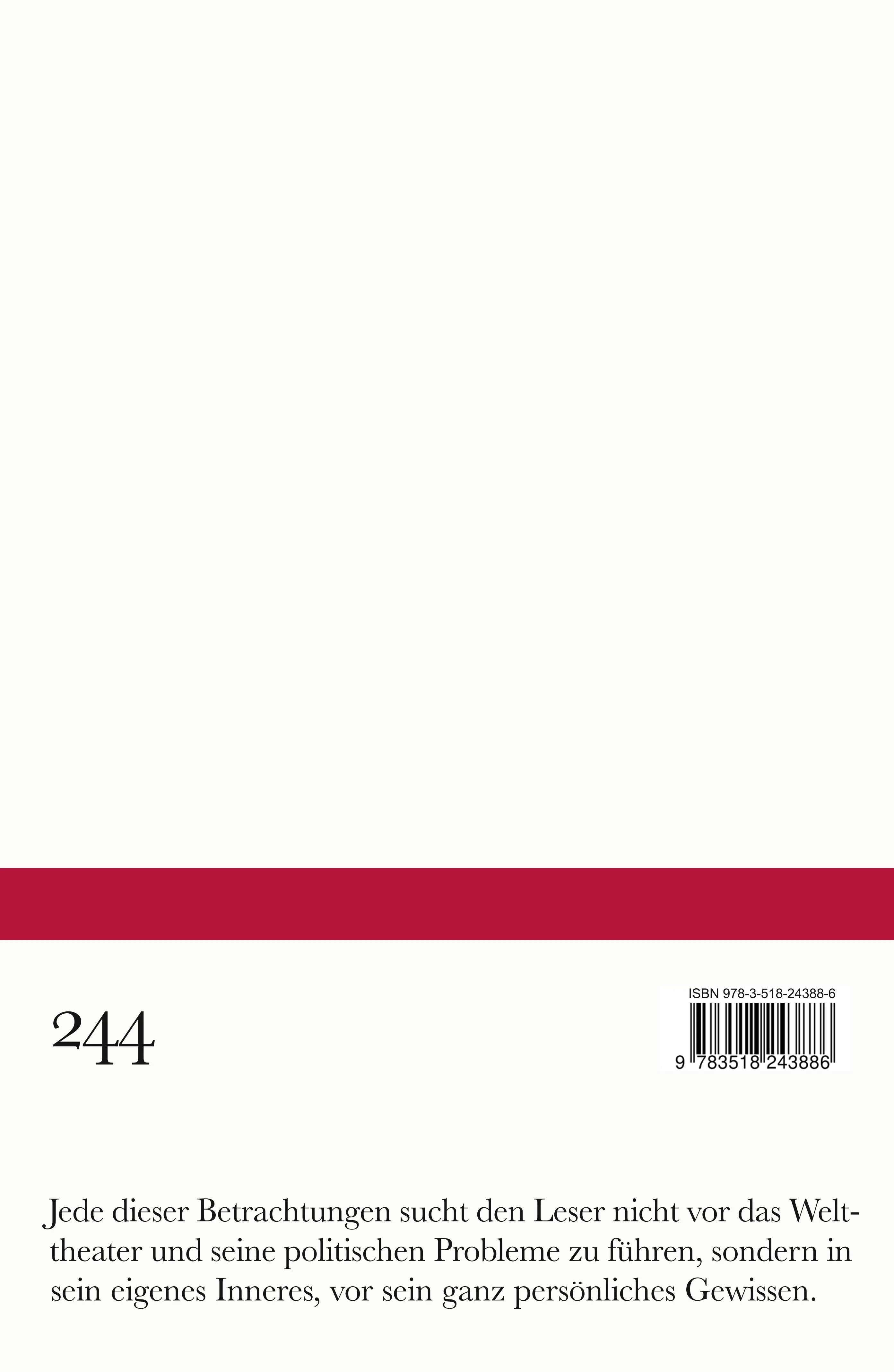Buchrückseite von 'Politische Betrachtungen' mit Klappentext - Taschenbuch