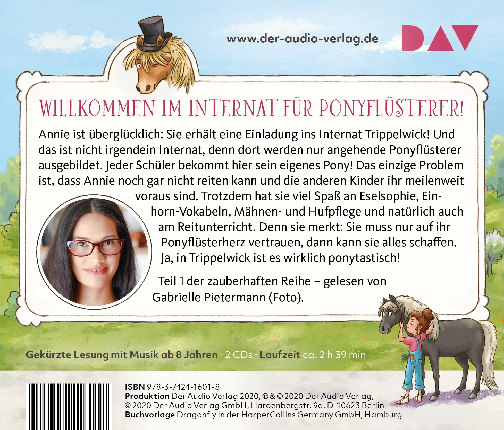 Buchrückseite von 'Ponyschule Trippelwick – Teil 1: Hörst du die Ponys flüstern?' mit Klappentext - Hörbuch (CD)