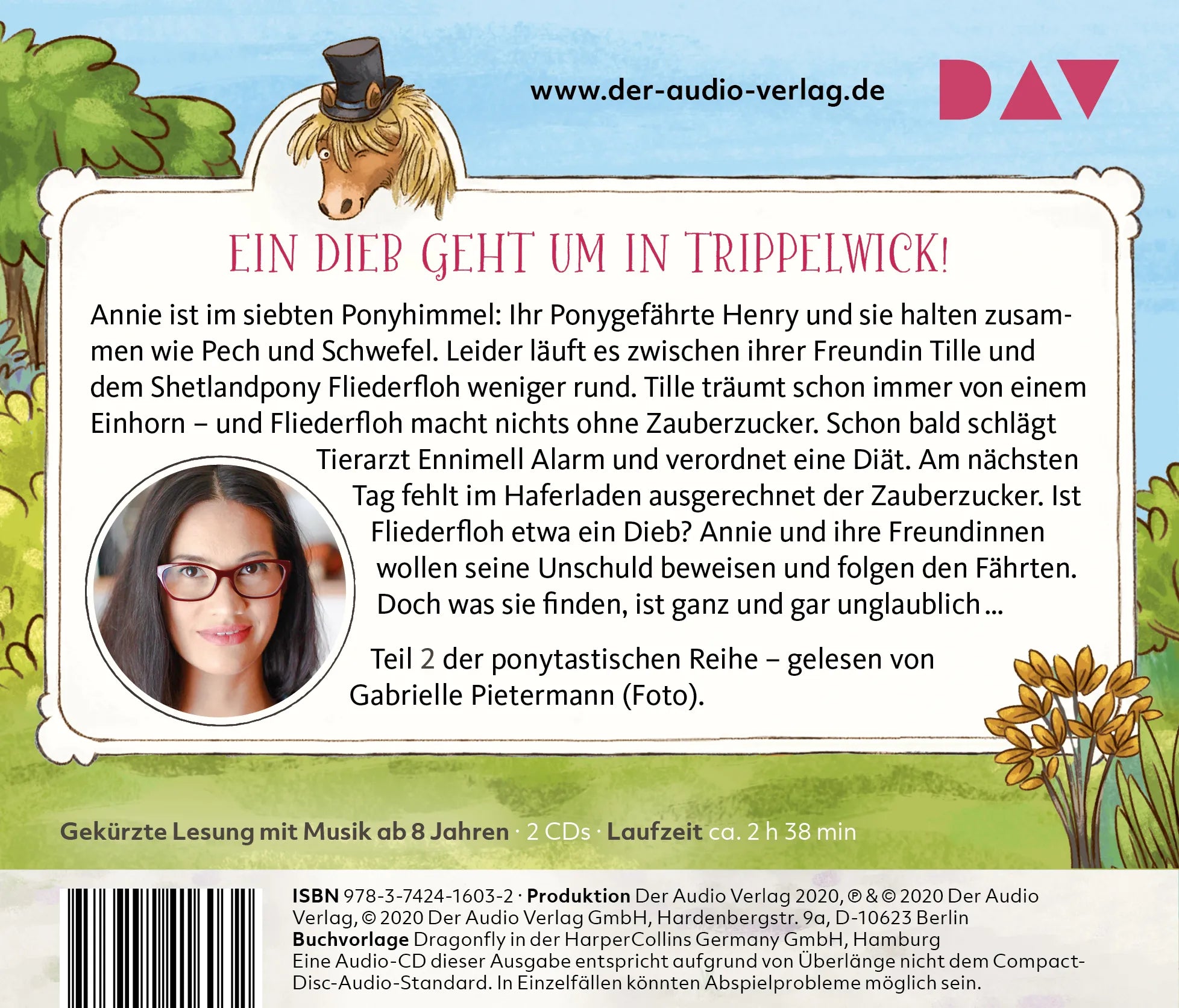 Buchrückseite von 'Ponyschule Trippelwick – Teil 2: Ein Einhorn spricht nicht mit jedem!' mit Klappentext - Hörbuch (CD)
