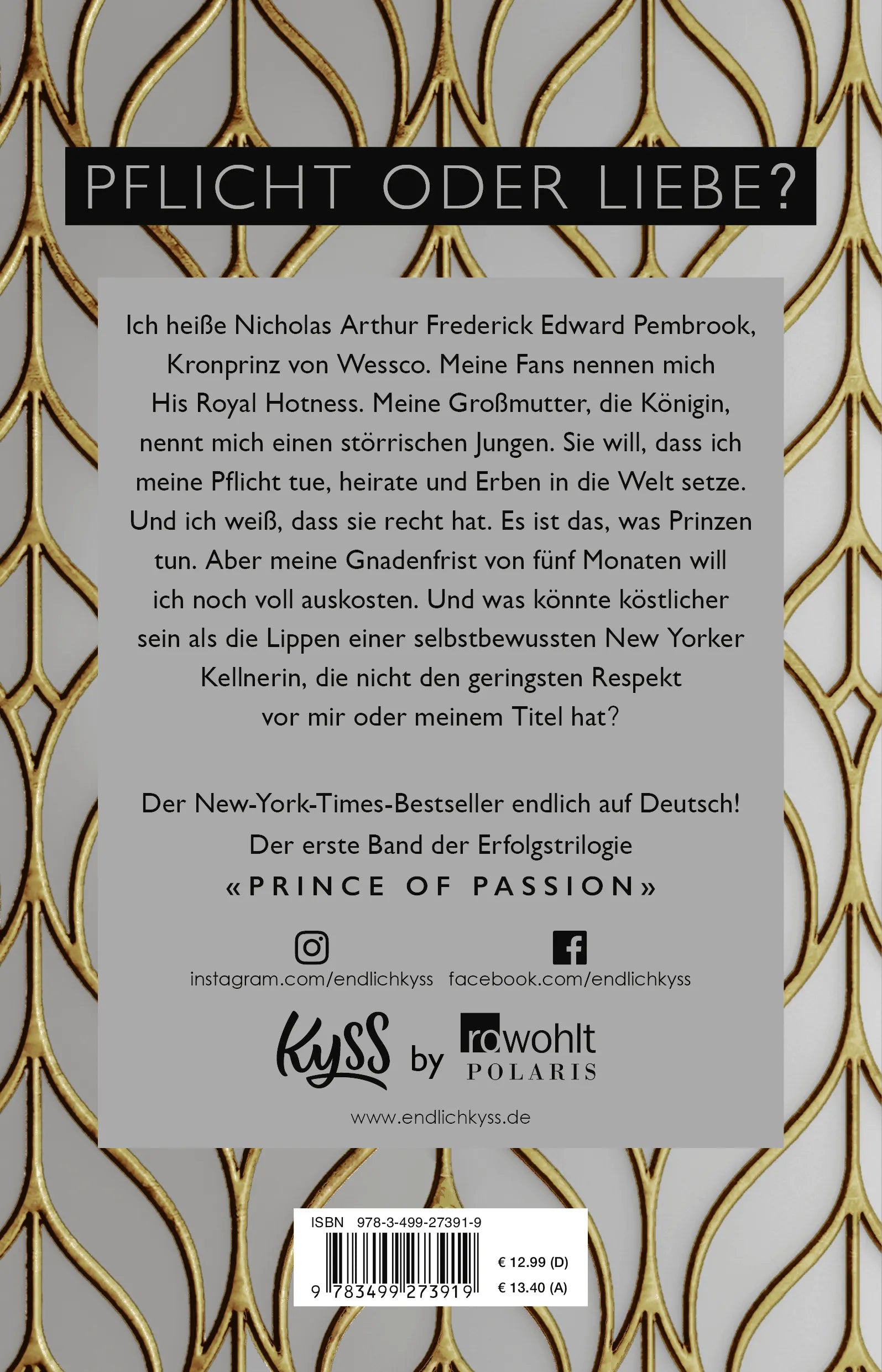 Buchrückseite von 'Prince of Passion – Nicholas' mit Klappentext - Paperback