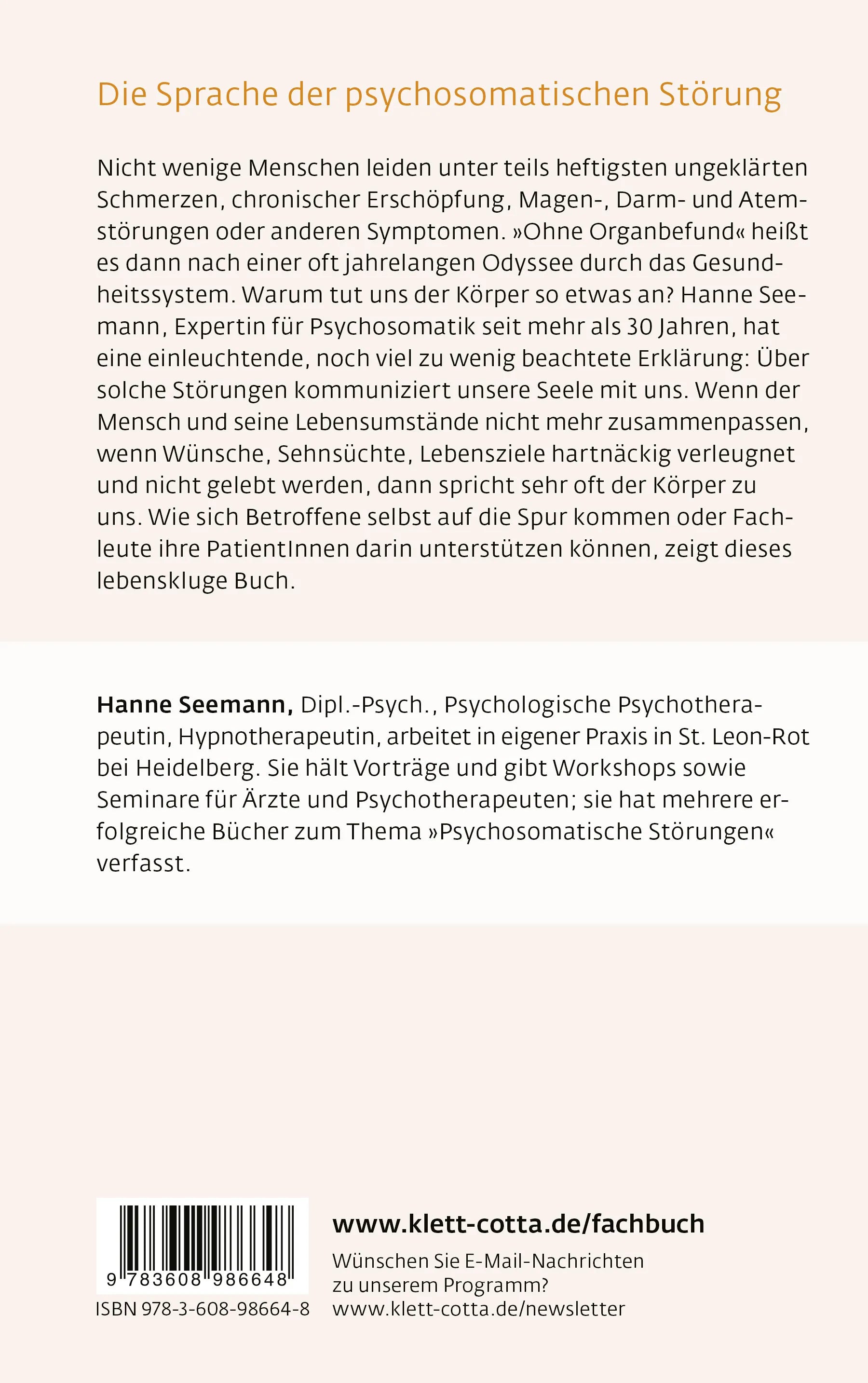 Buchrückseite von 'Psychosomatik zwischen Medizin und Psychotherapie' mit Klappentext - Paperback