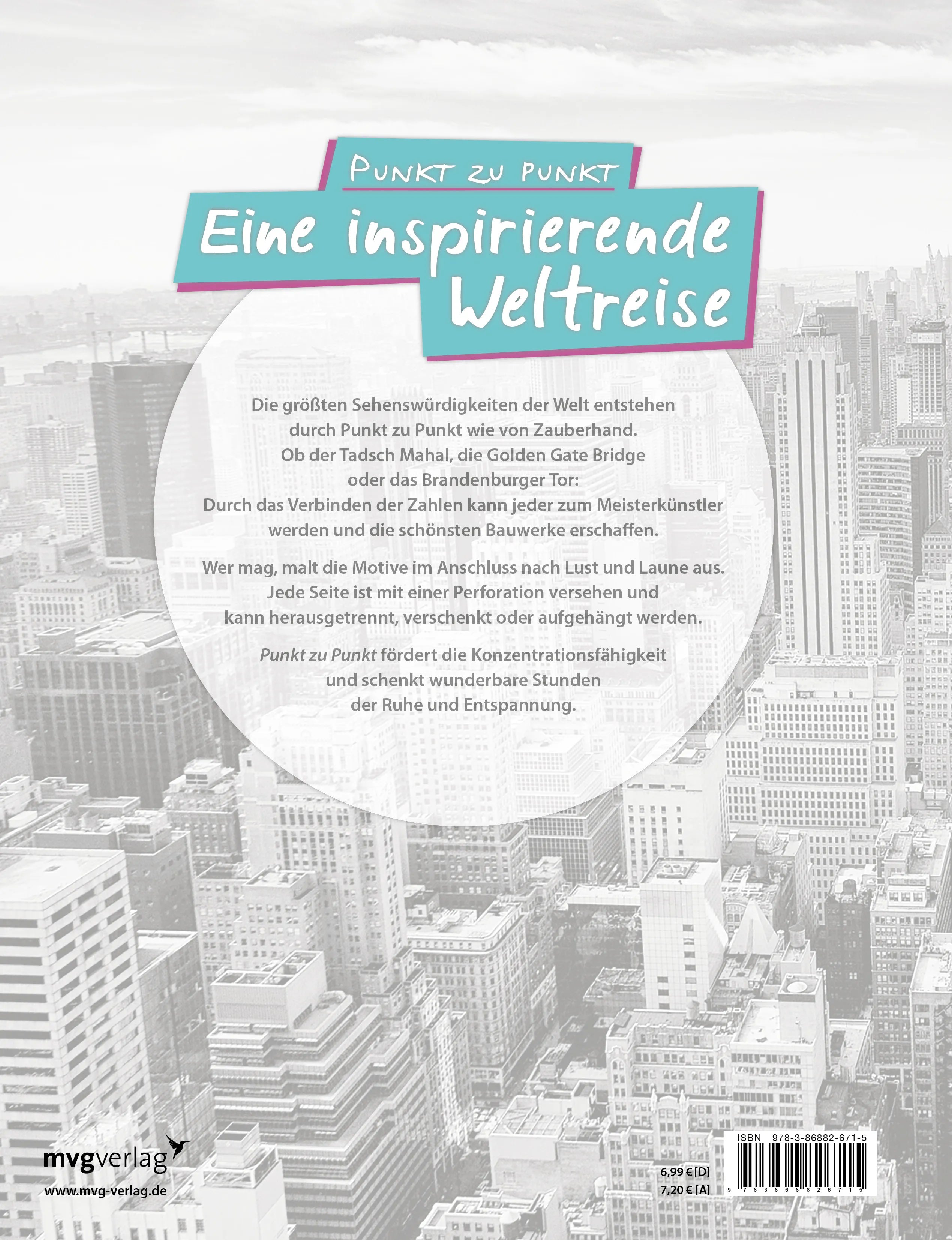 Buchrückseite von 'Punkt zu Punkt: Eine inspirierende Weltreise: Malbuch für Erwachsene' mit Klappentext - Taschenbuch