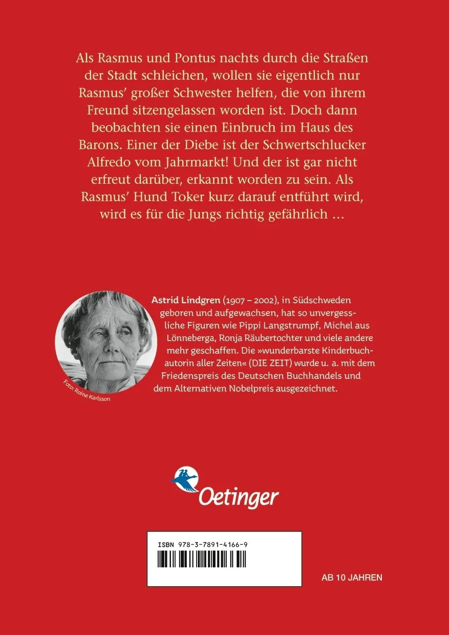 Buchrückseite von 'Rasmus, Pontus und der Schwertschlucker' mit Klappentext - Gebundene Ausgabe