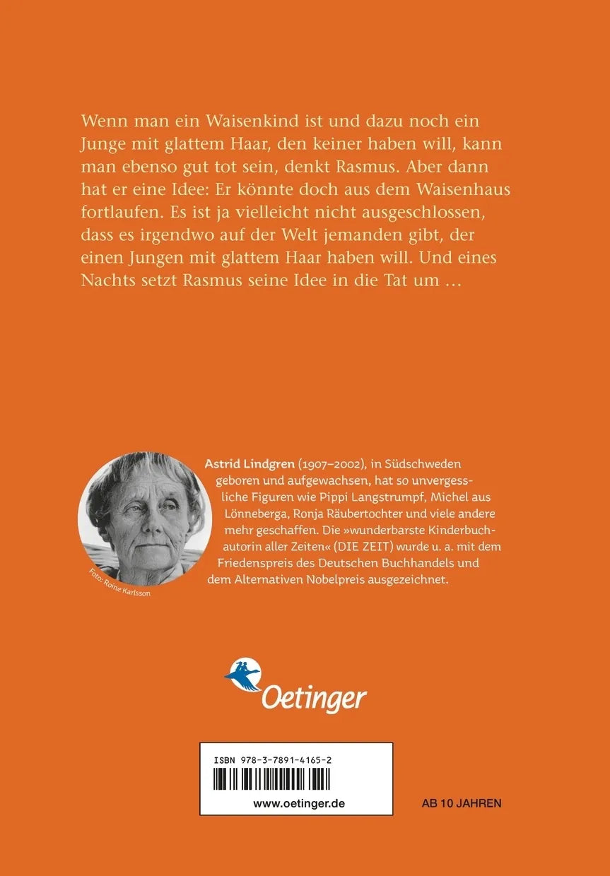 Buchrückseite von 'Rasmus und der Landstreicher' mit Klappentext - Gebundene Ausgabe