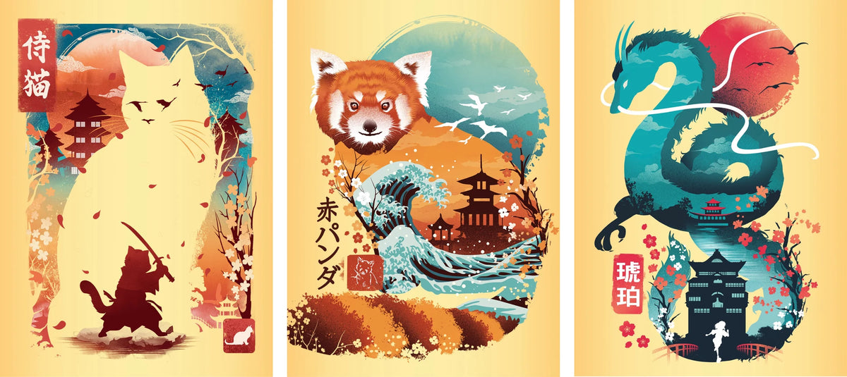 Puzzle: Minipuzzle-Trio 100 Teile - Ukiyo-e Katzenkrieger, Roter Panda & Drache