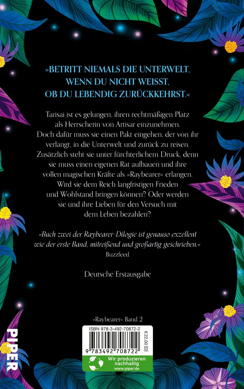Buchrückseite von 'Raybearer – Der Pakt der Abiku' mit Klappentext - Gebundene Ausgabe