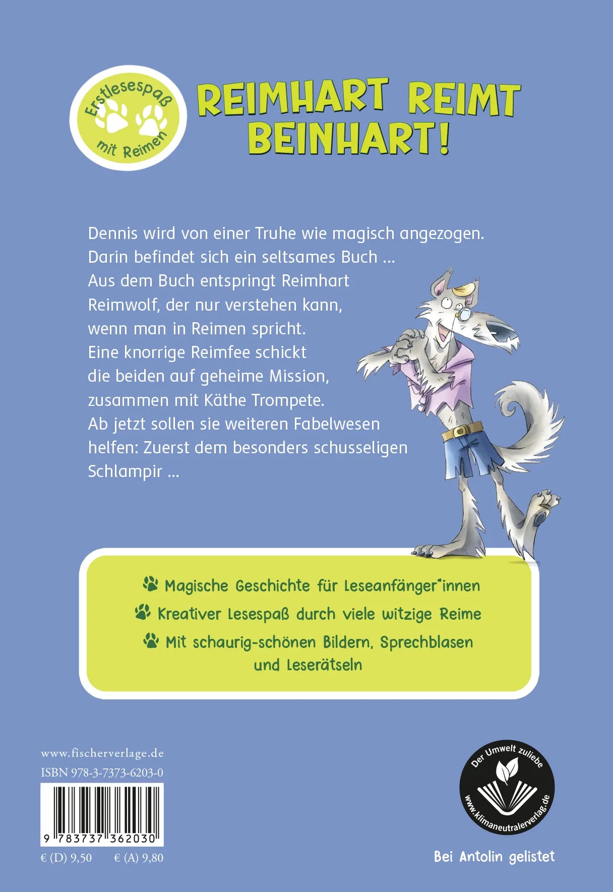 Buchrückseite von 'Reimhart Reimwolf – Dicke Luft in der Schlampir-Gruft' mit Klappentext - Gebundene Ausgabe