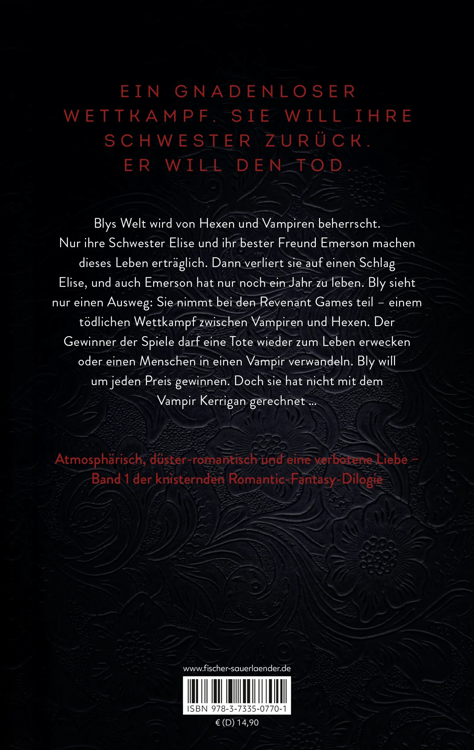 Buchrückseite von 'Revenant Games – Spiel auf Leben und Tod' mit Klappentext - Paperback