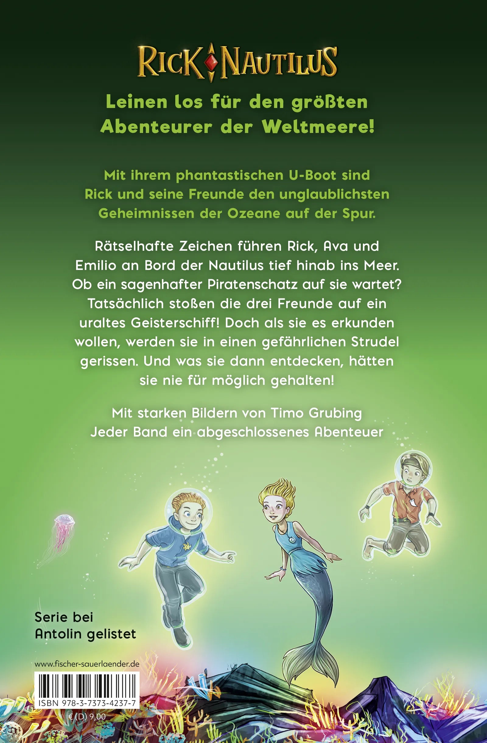 Buchrückseite von 'Rick Nautilus – Geisterschiff am Meeresgrund' mit Klappentext - Gebundene Ausgabe