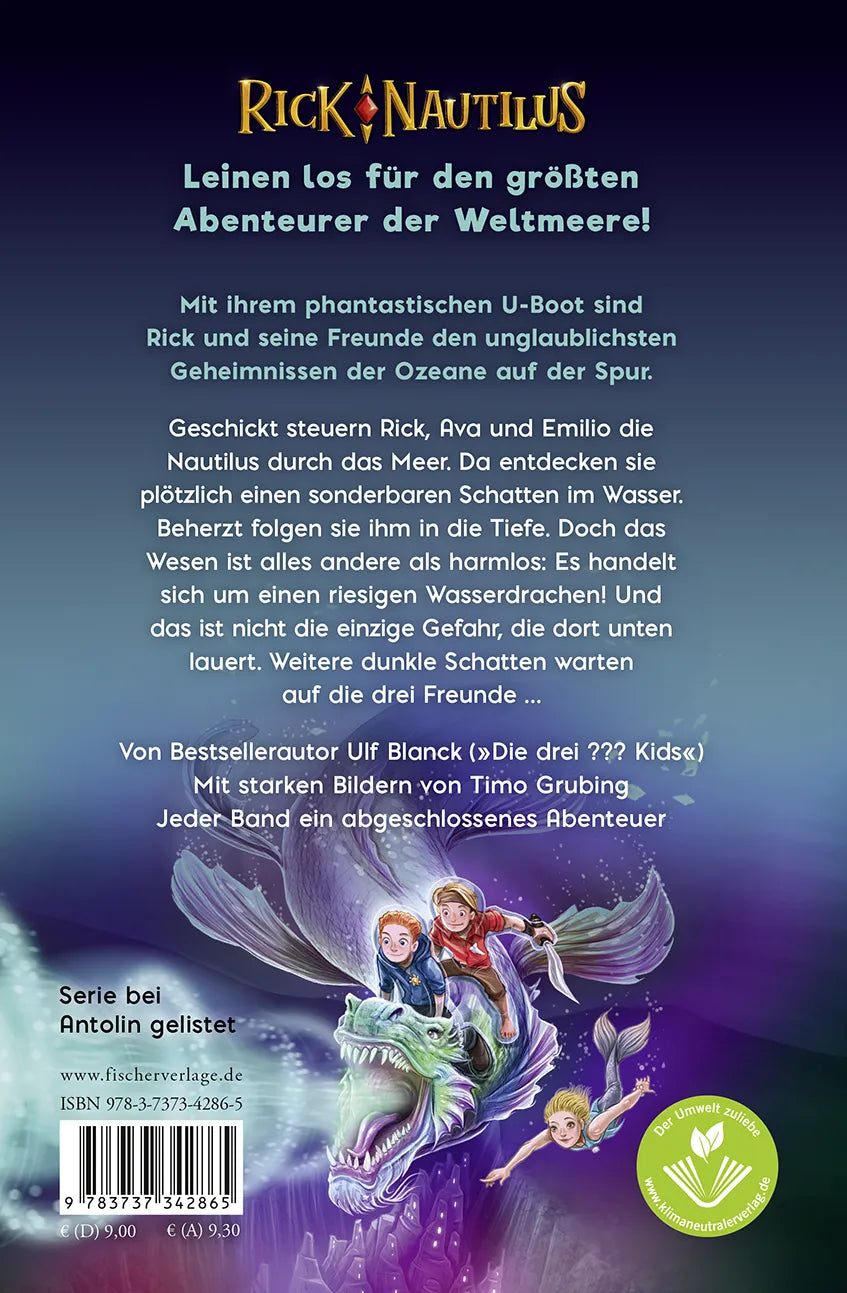 Buchrückseite von 'Rick Nautilus – Kampf der Wasserdrachen' mit Klappentext - Gebundene Ausgabe