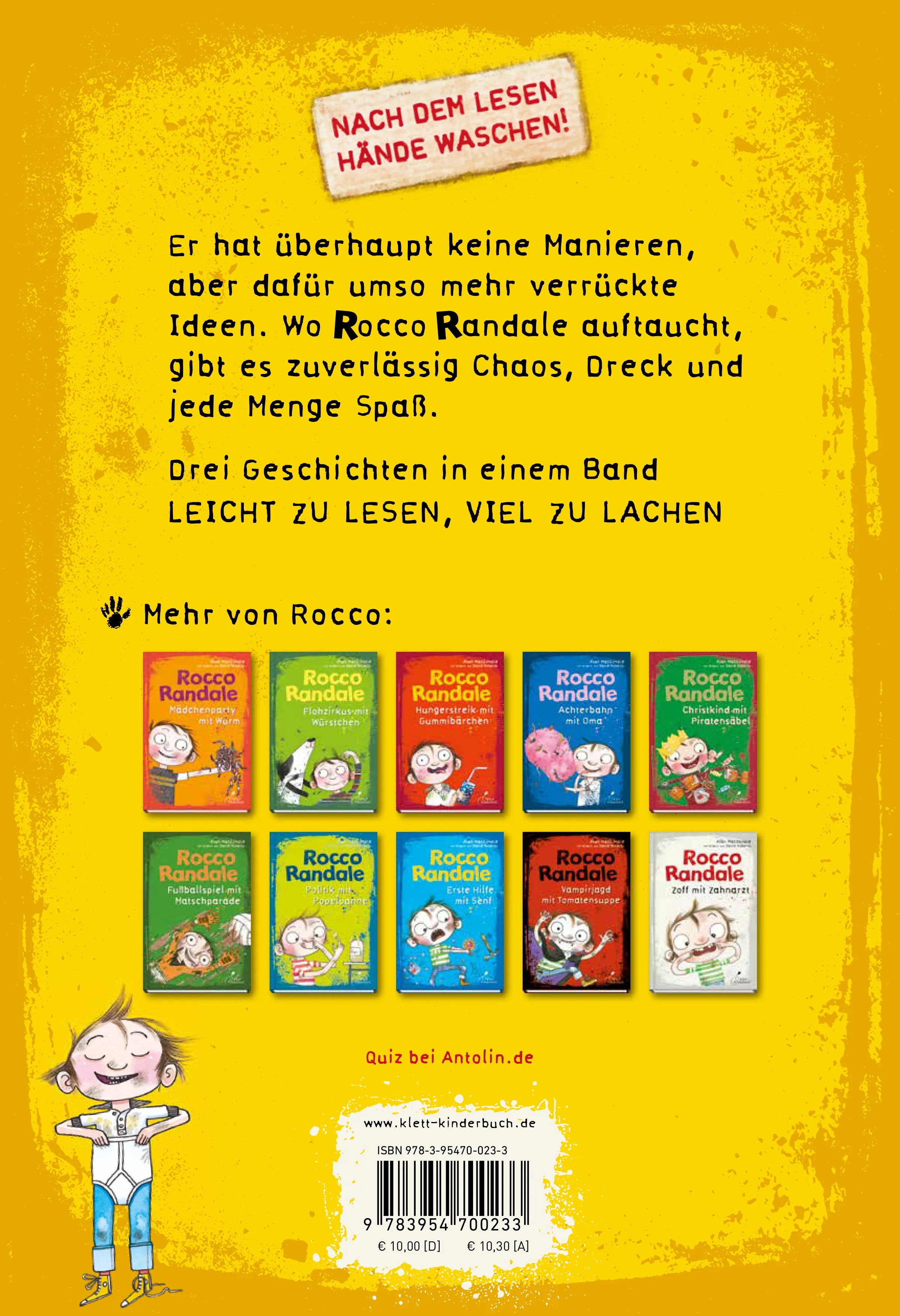 Buchrückseite von 'Rocco Randale 03 - Oberstress mit Unterhose' mit Klappentext - Gebundene Ausgabe