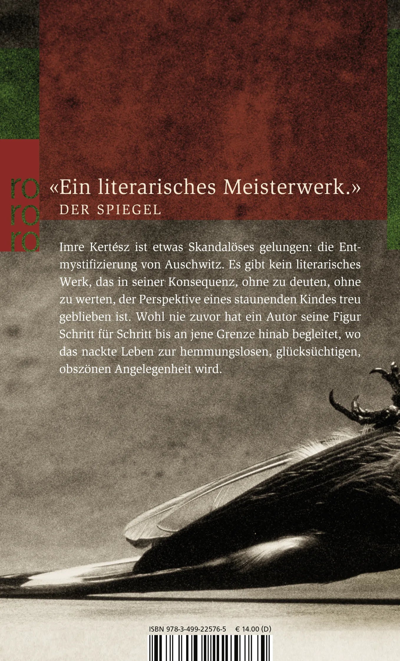 Buchrückseite von 'Roman eines Schicksallosen' mit Klappentext - Taschenbuch